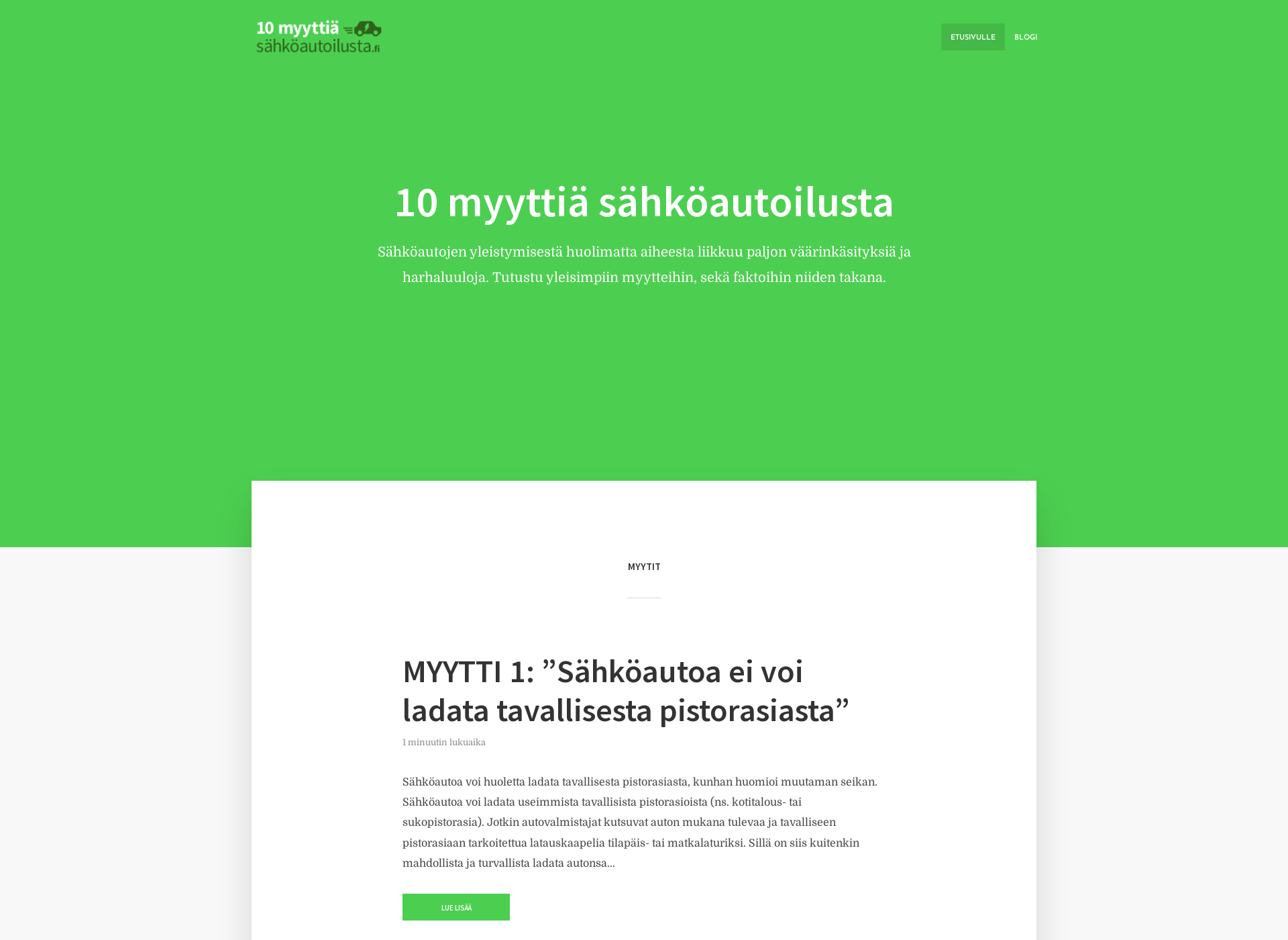 Skärmdump för 10myyttiäsähköautoilusta.fi