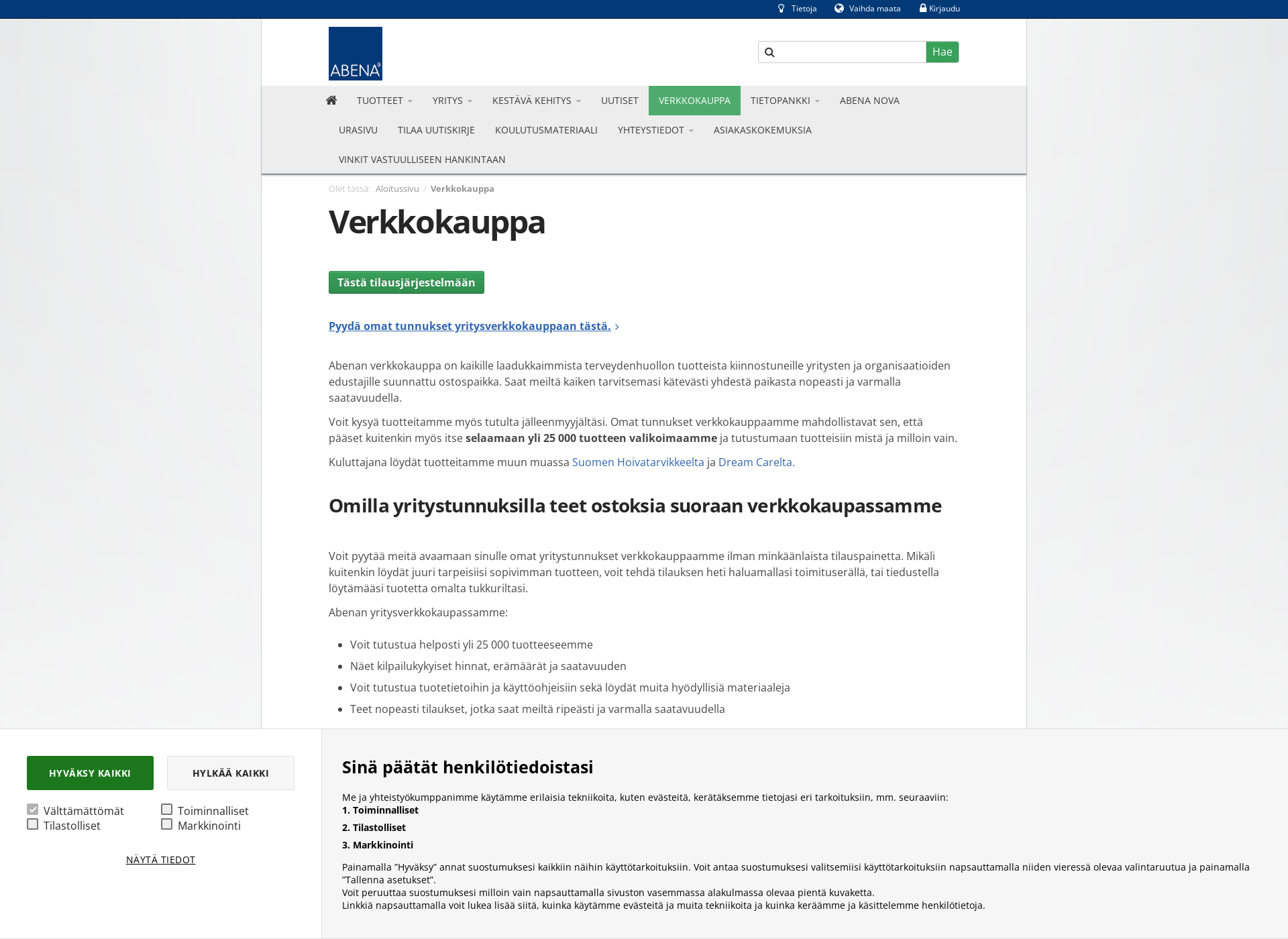 Skärmdump för abenakauppa.fi