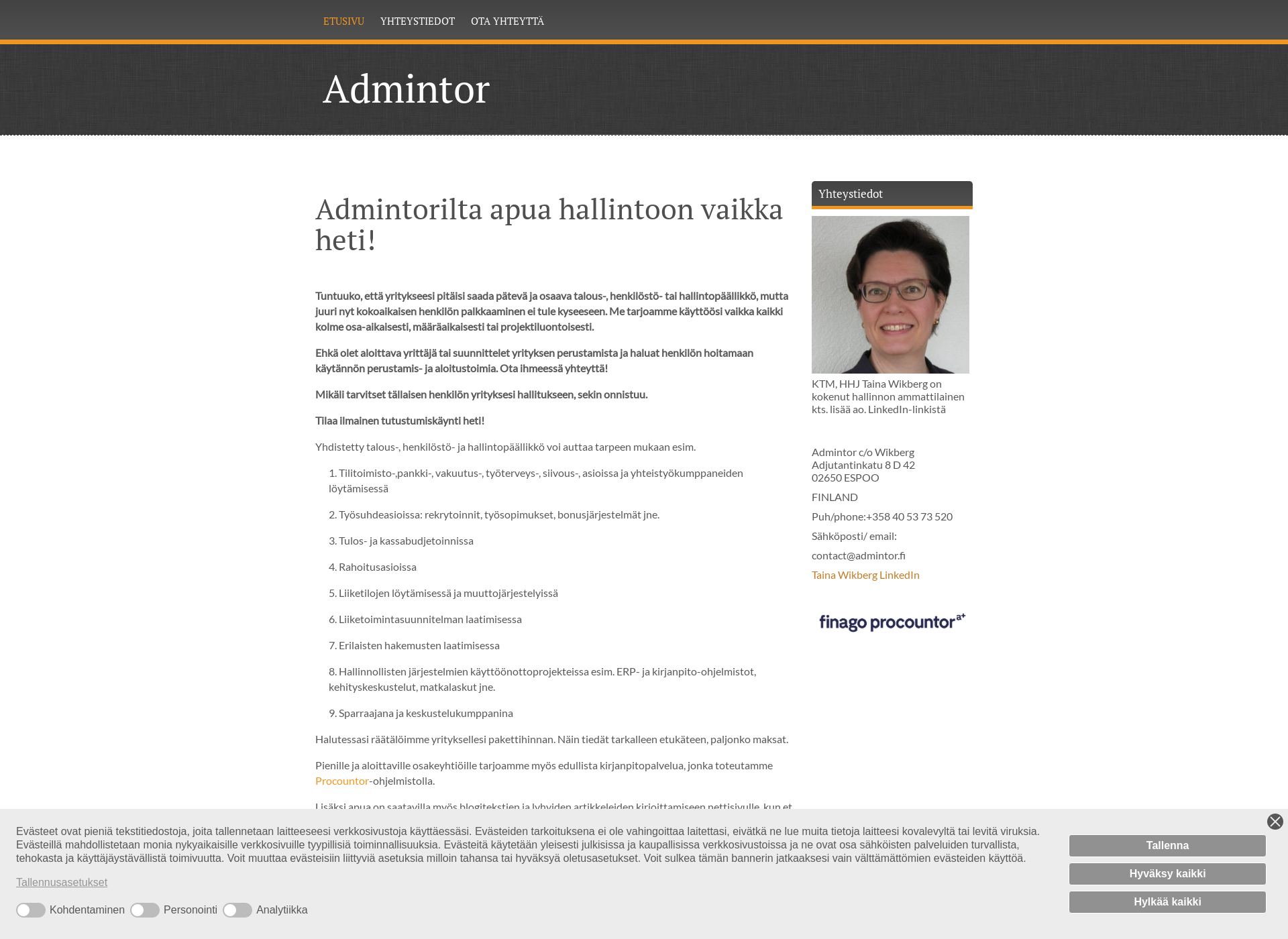 Skärmdump för admintor.fi