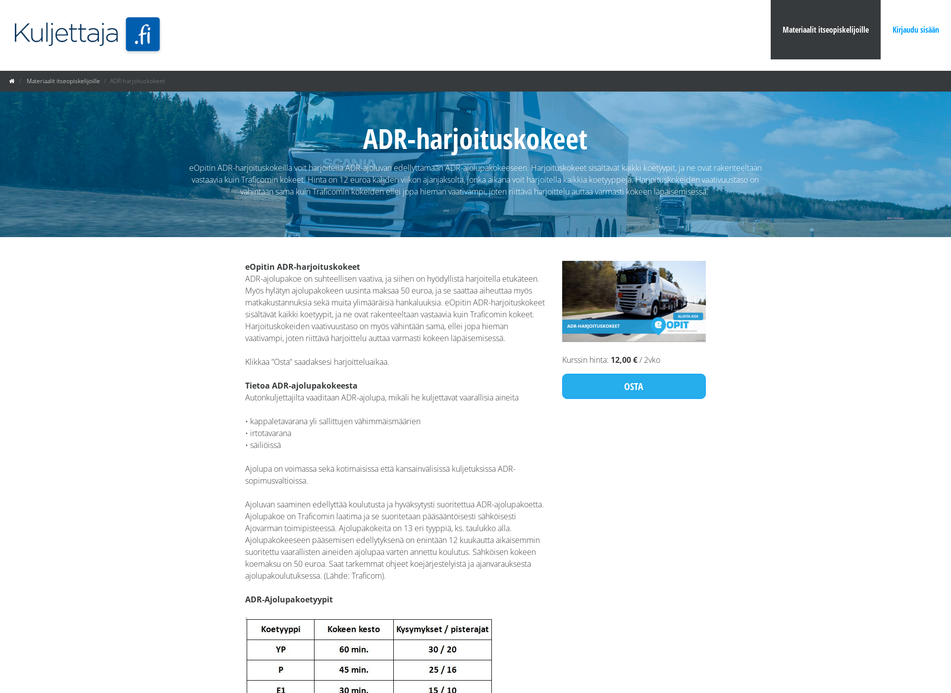 Skärmdump för adr-harjoituskoe.fi