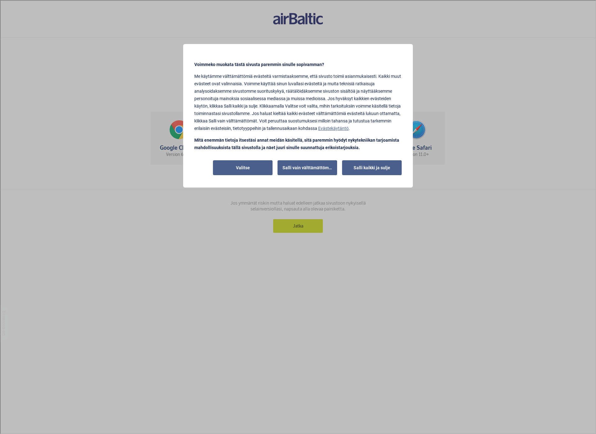 Skärmdump för airbaltic.fi