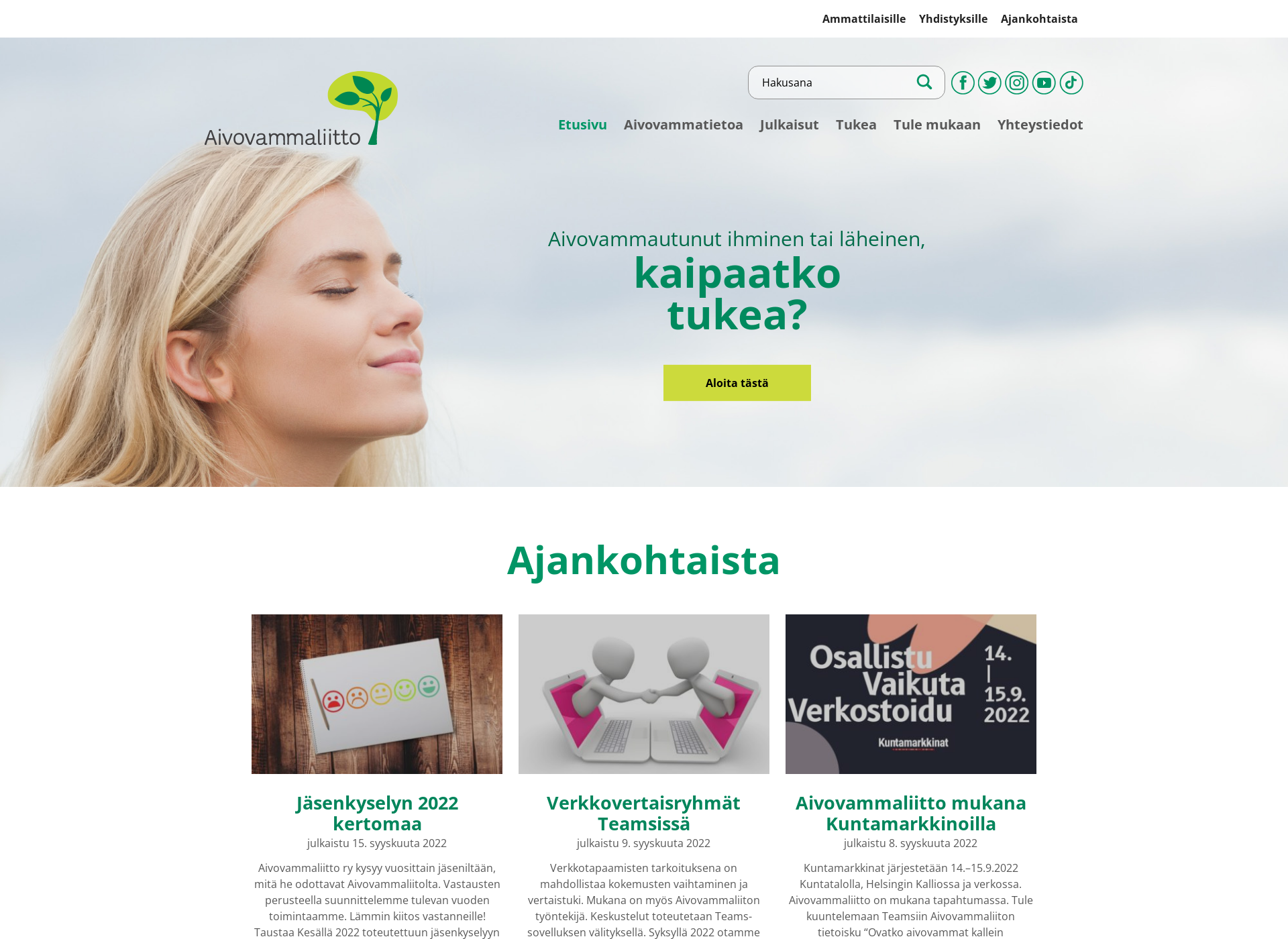 Skärmdump för aivovammaliitto.fi