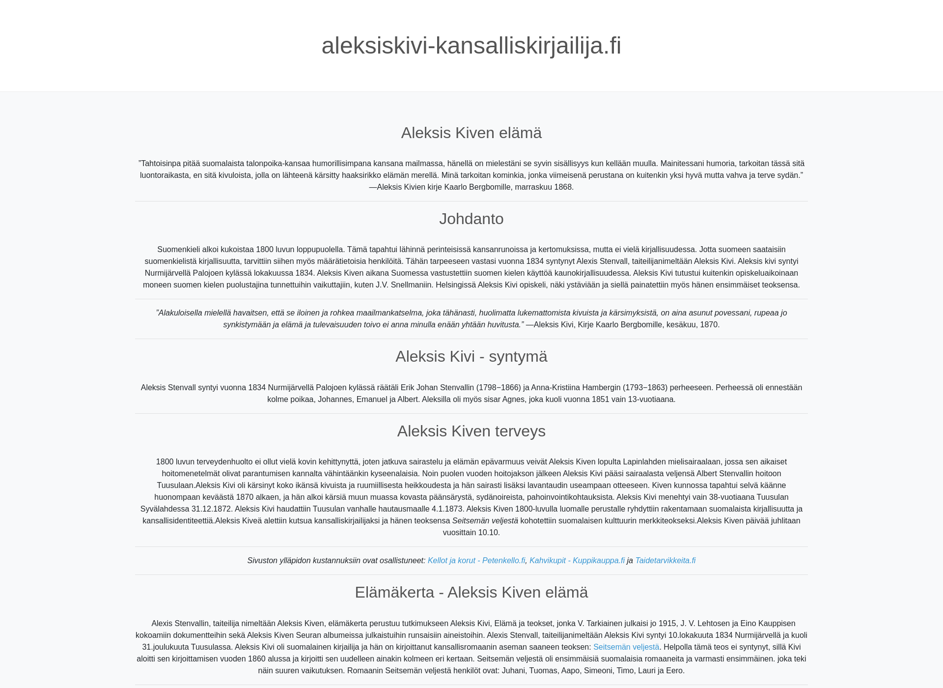 Skärmdump för aleksiskivi-kansalliskirjailija.fi
