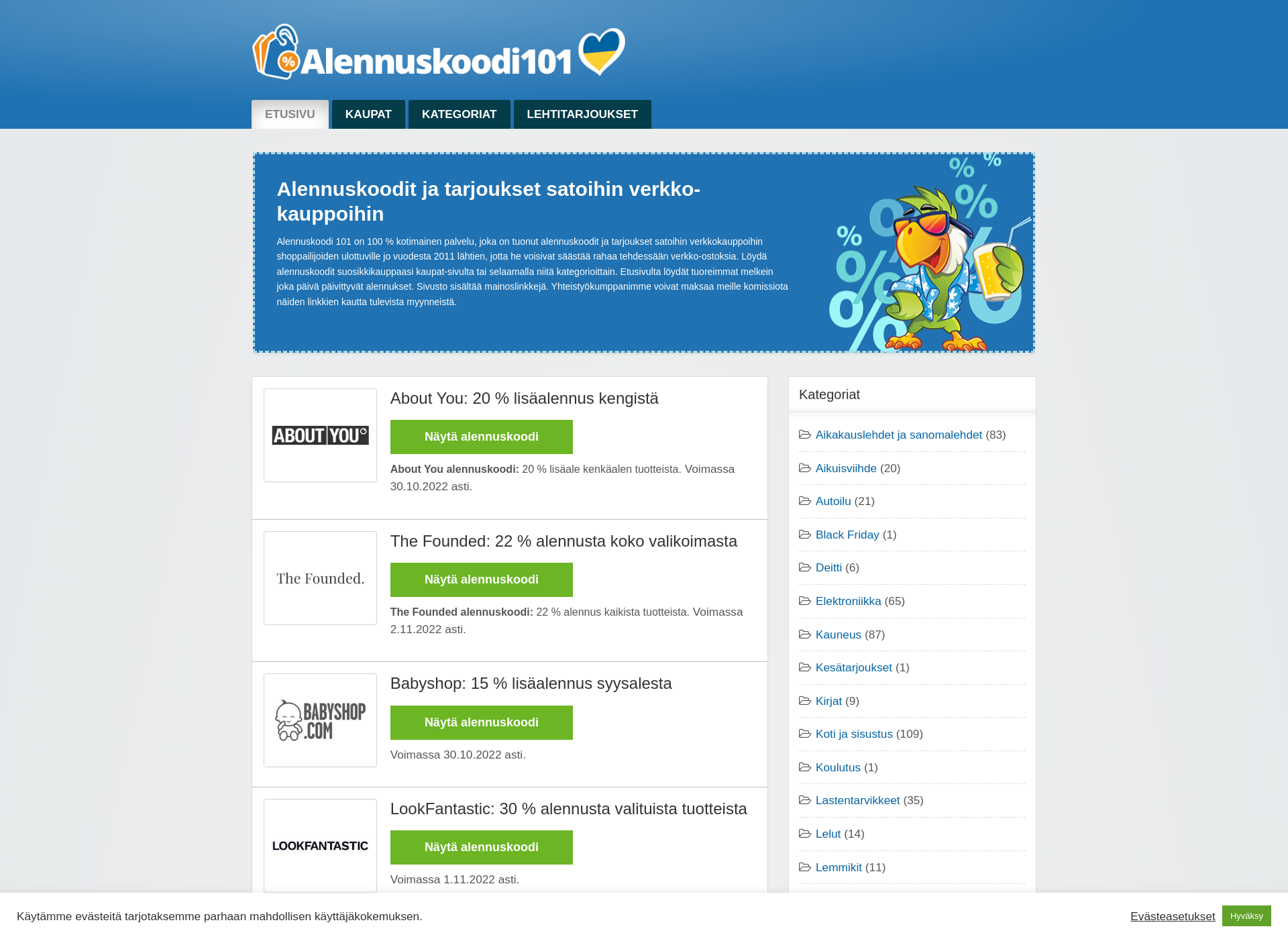 Skärmdump för alennuskoodi101.fi