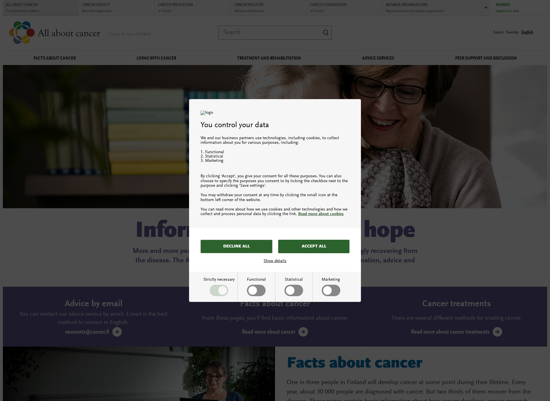 Skärmdump för allaboutcancer.fi
