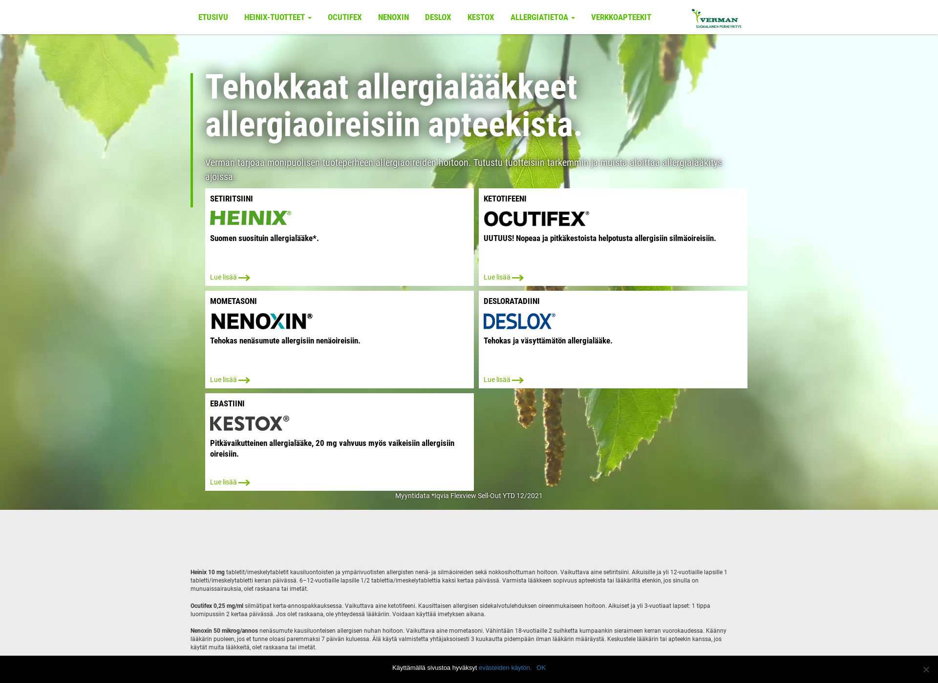 Skärmdump för allergialääkkeet.fi