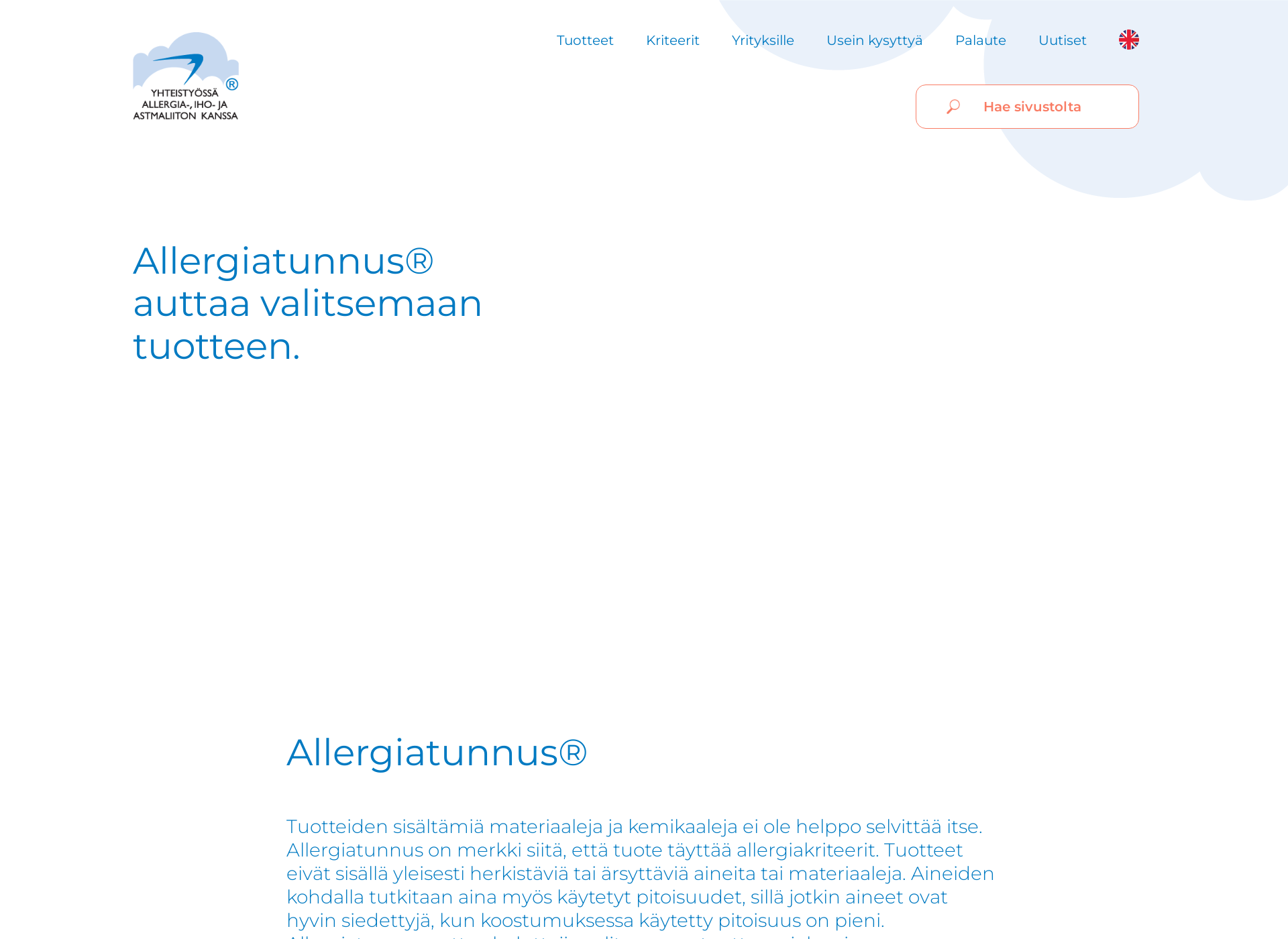 Skärmdump för allergiatunnus.fi