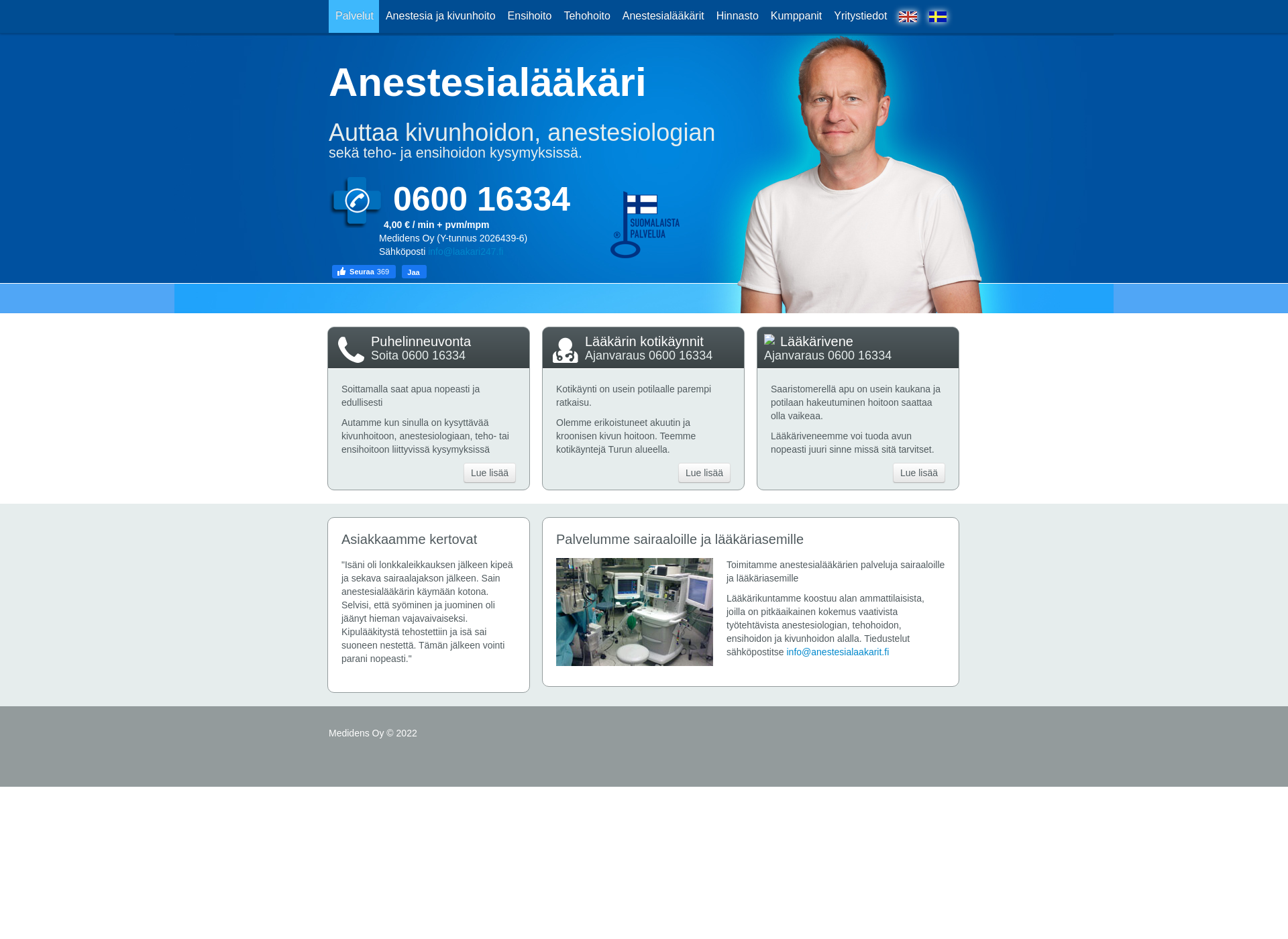 Skärmdump för anestesialaakari.fi