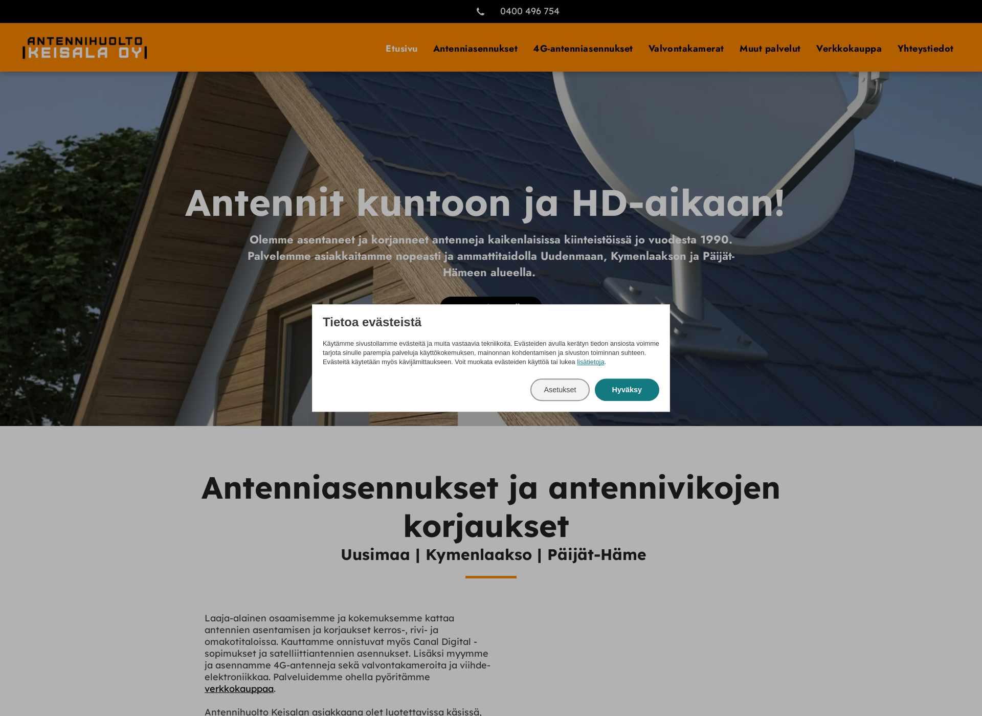 Skärmdump för antennihuoltokeisala.fi