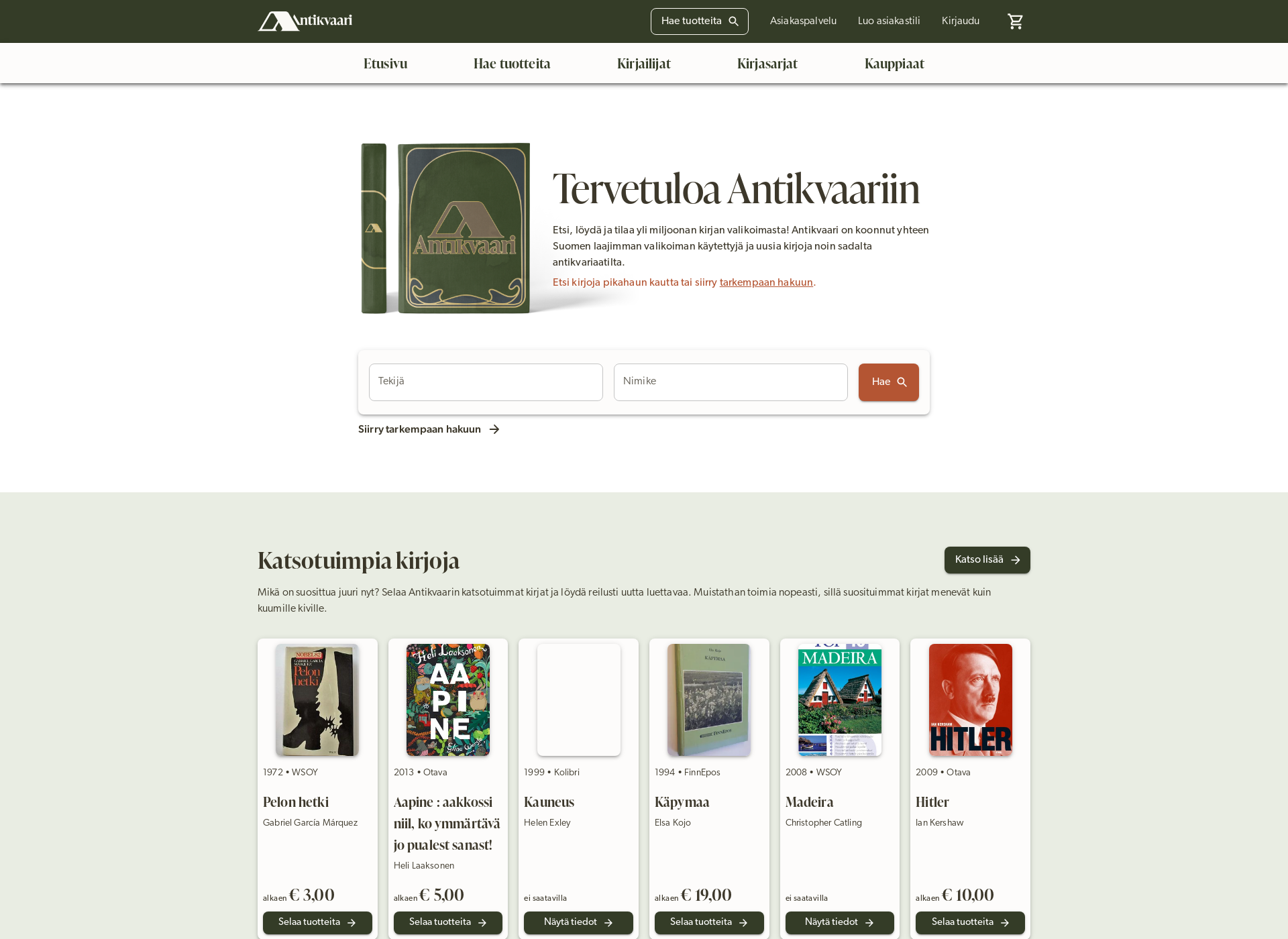 Skärmdump för antikvaari.fi