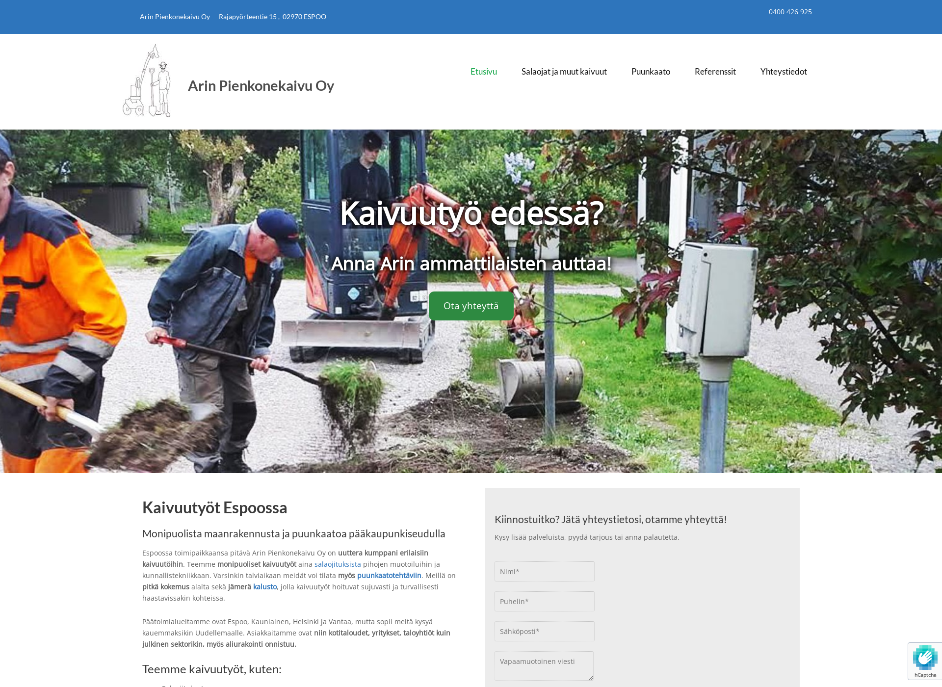 Skärmdump för arinpienkonekaivuoy.fi