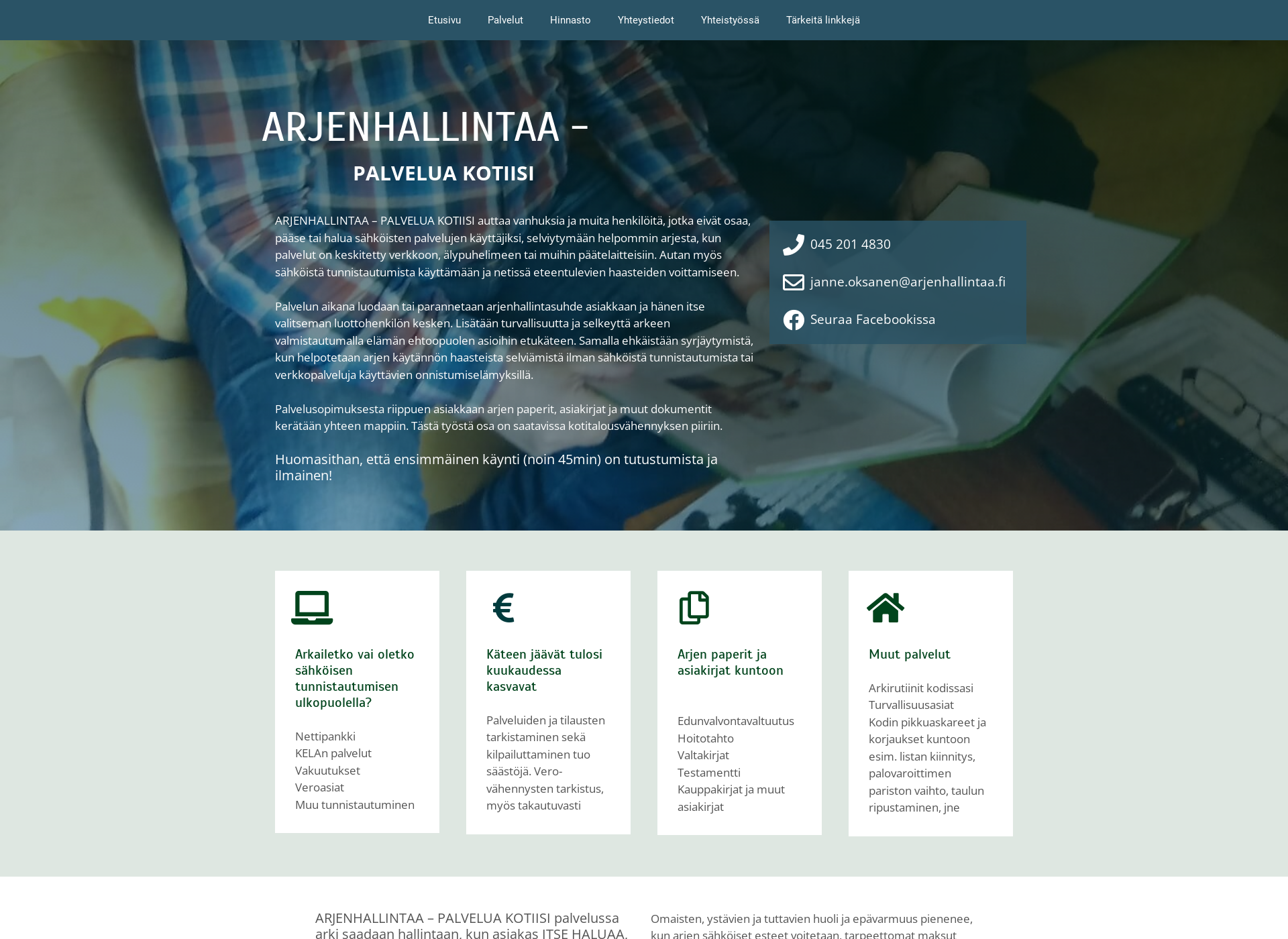 Skärmdump för arjenhallintaa.fi