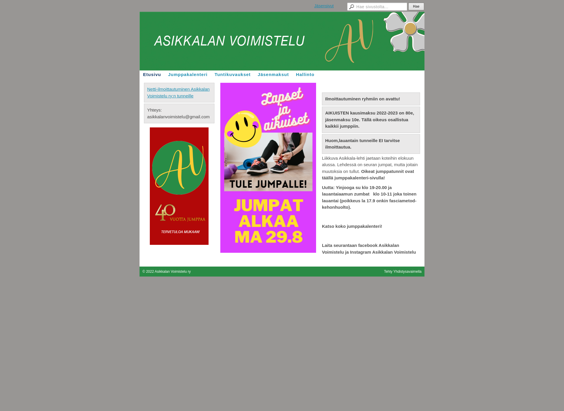 Skärmdump för asikkalanvoimistelu.fi