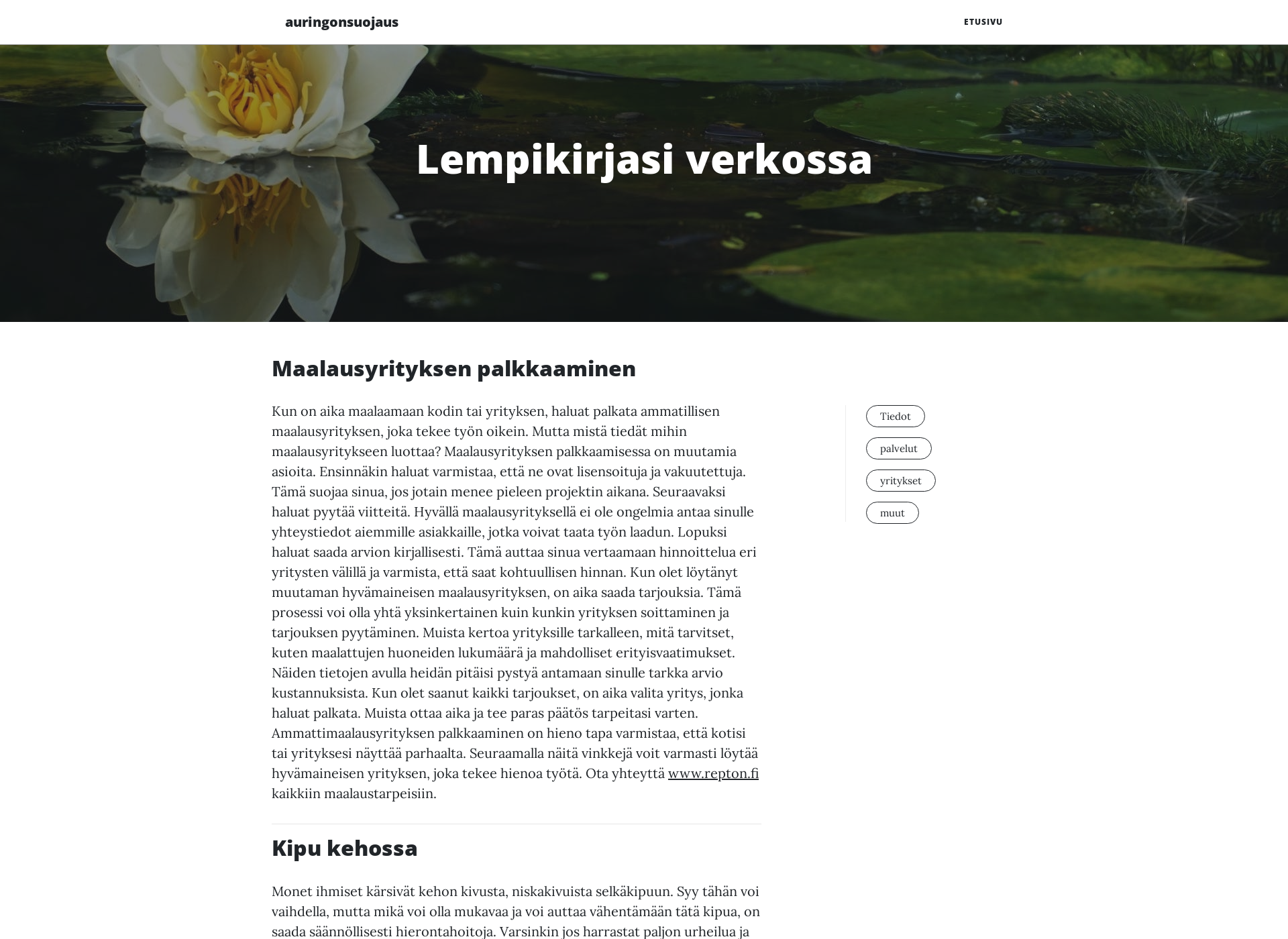 Skärmdump för auringonsuojaus.fi