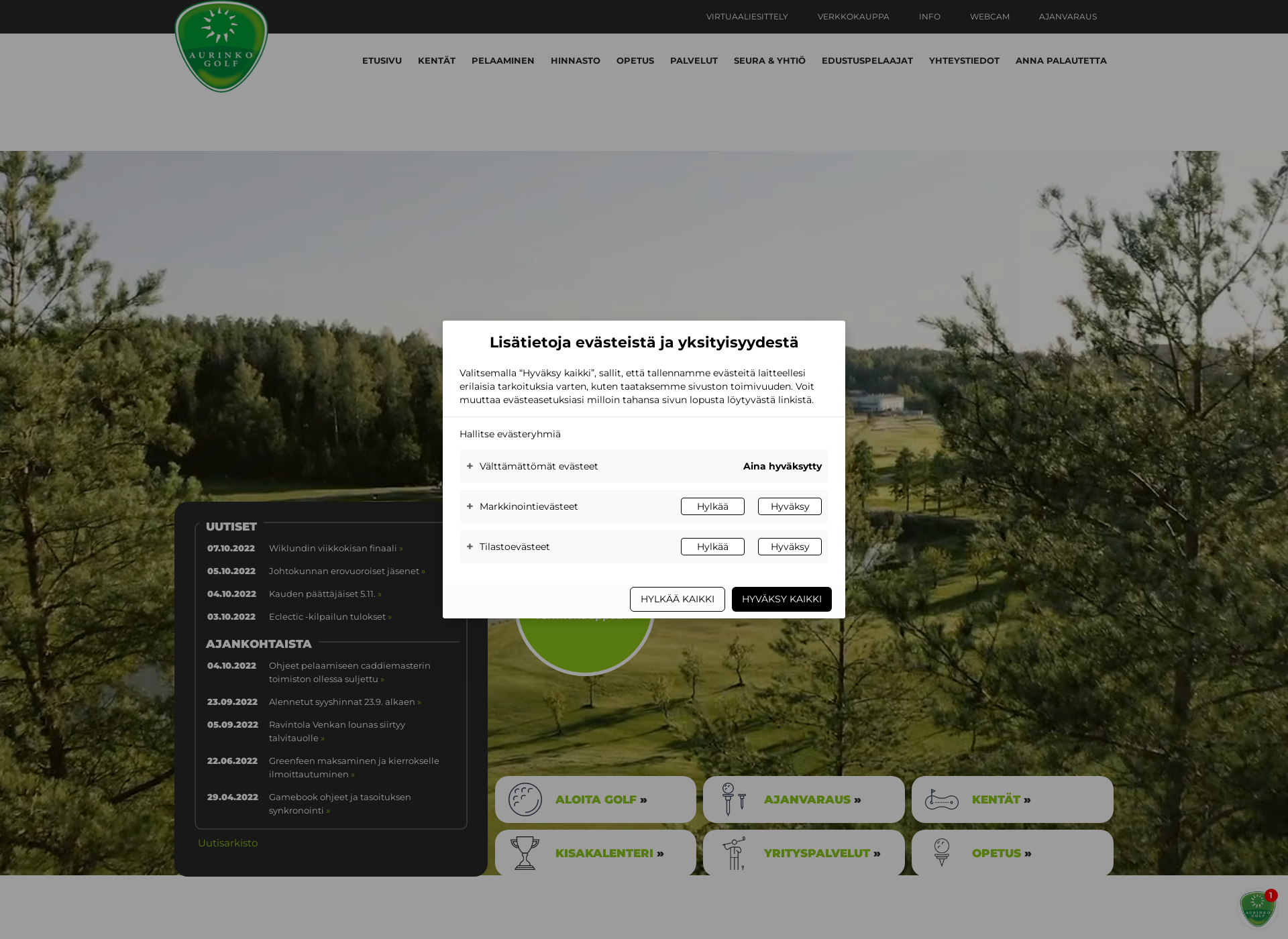Skärmdump för aurinkogolf.fi