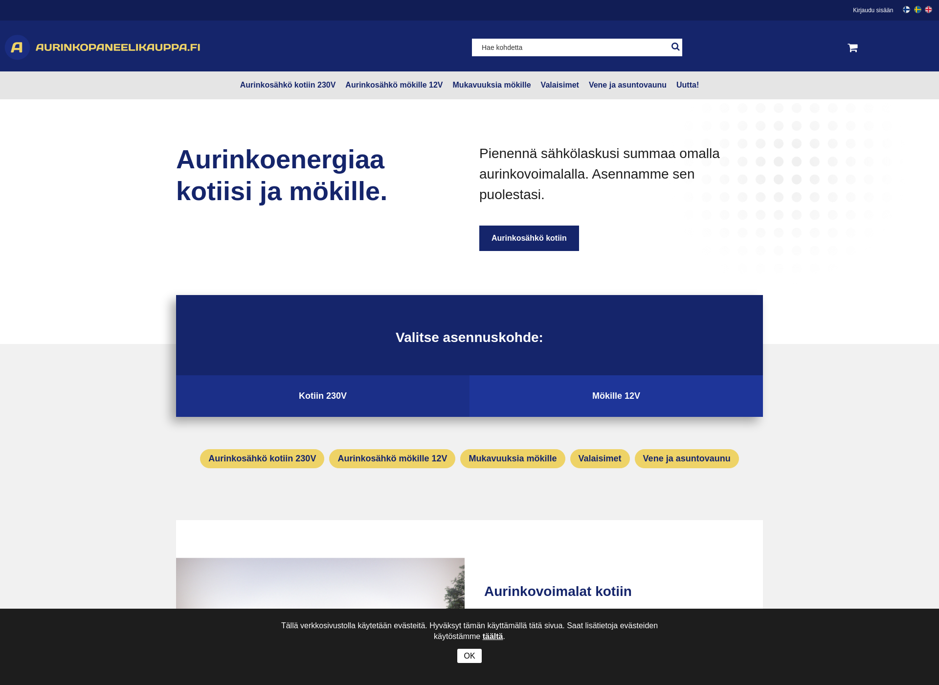 Skärmdump för aurinkopaneelikauppa.fi