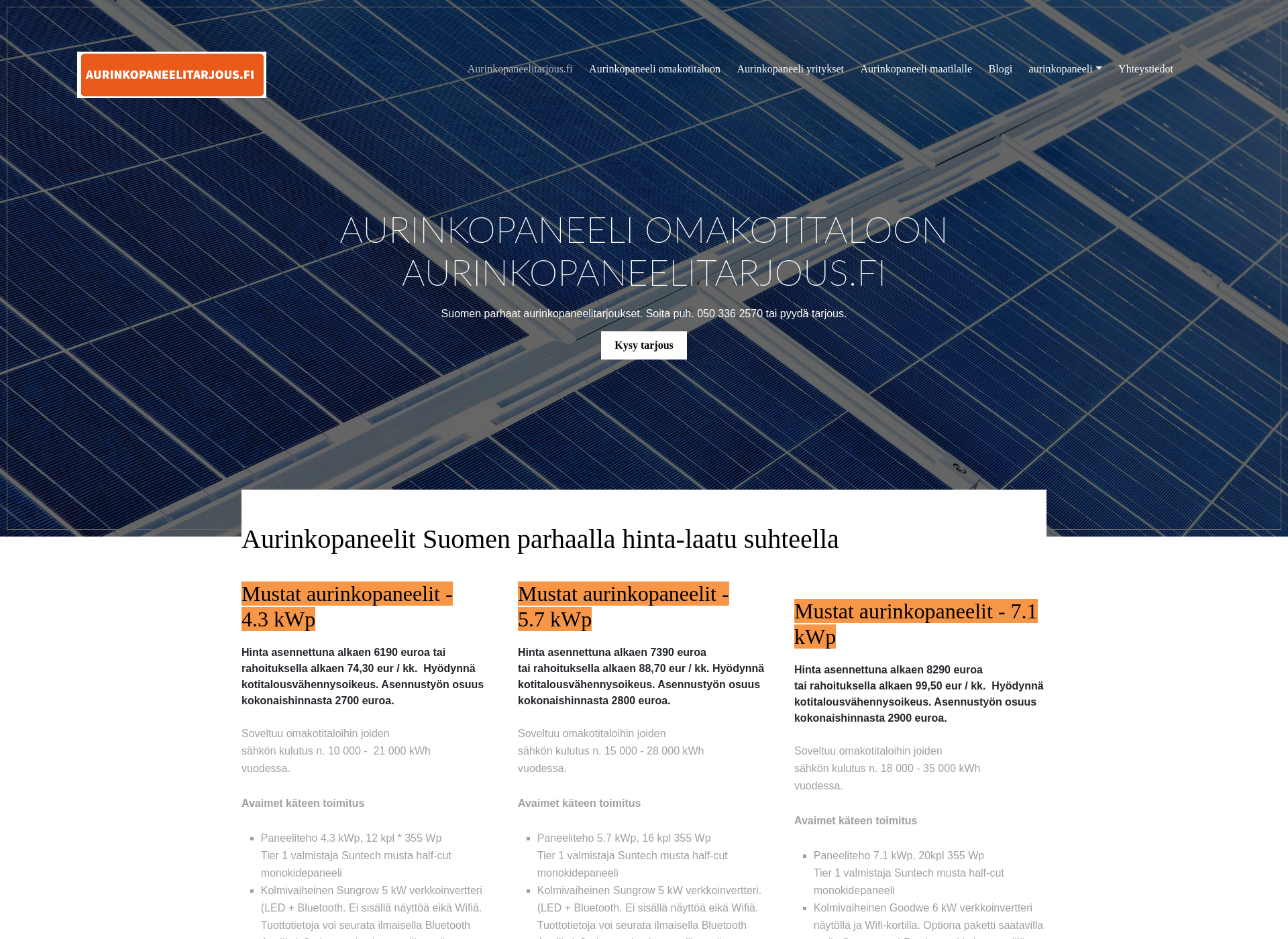 Skärmdump för aurinkopaneelitarjous.fi