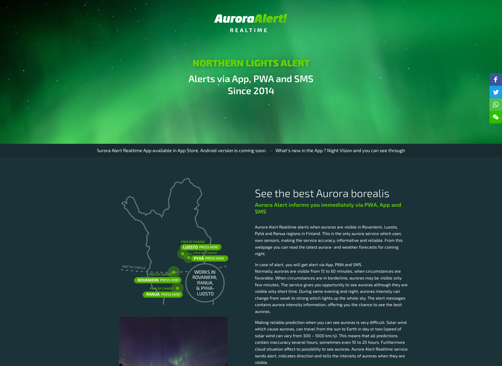 Skärmdump för auroraalert.fi