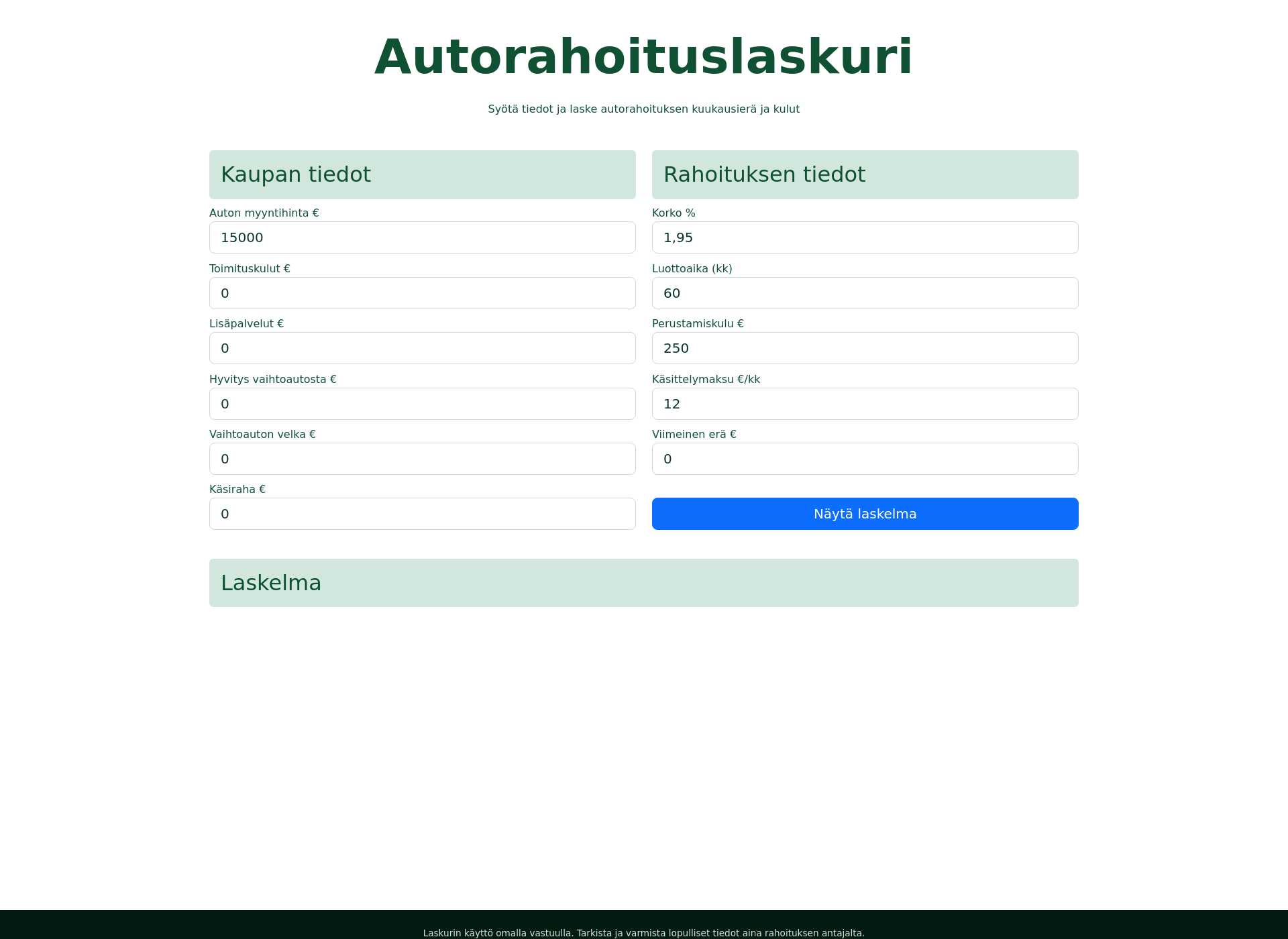 Skärmdump för autorahoituslaskuri.fi