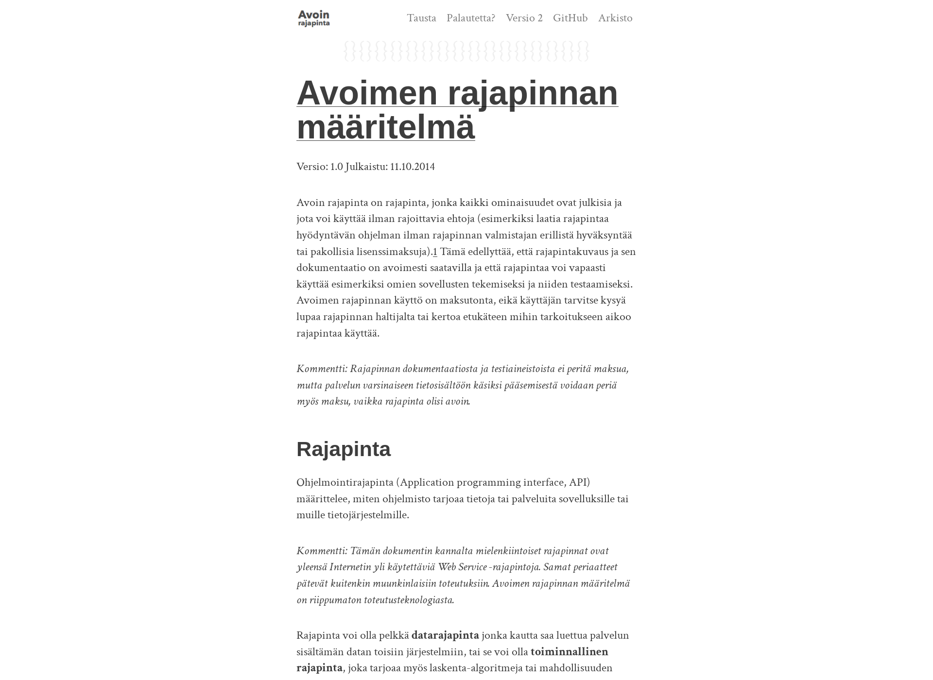 Skärmdump för avoinrajapinta.fi