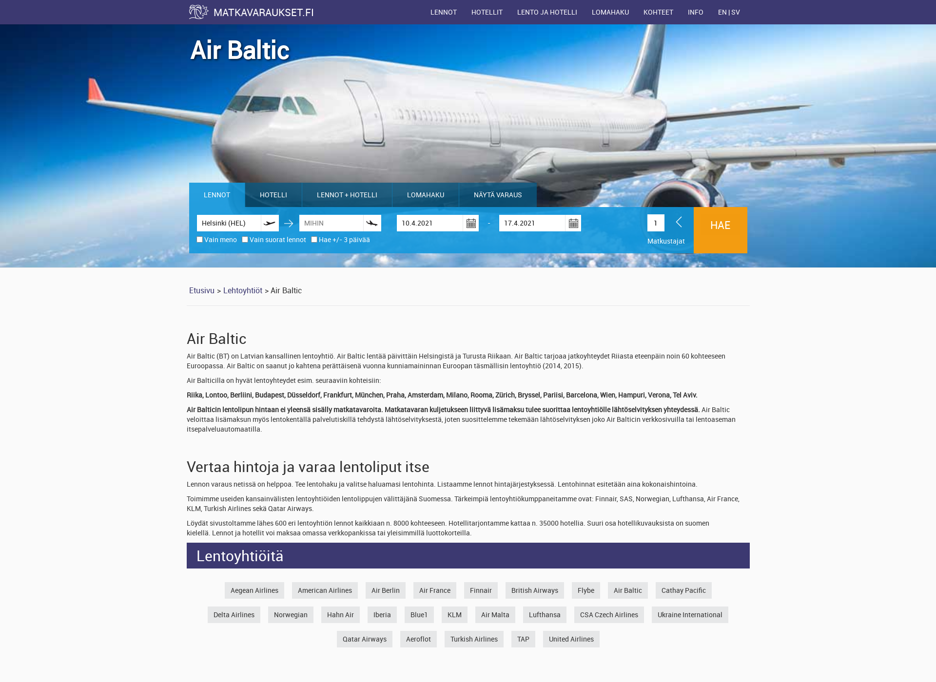 Screenshot for balticair.fi