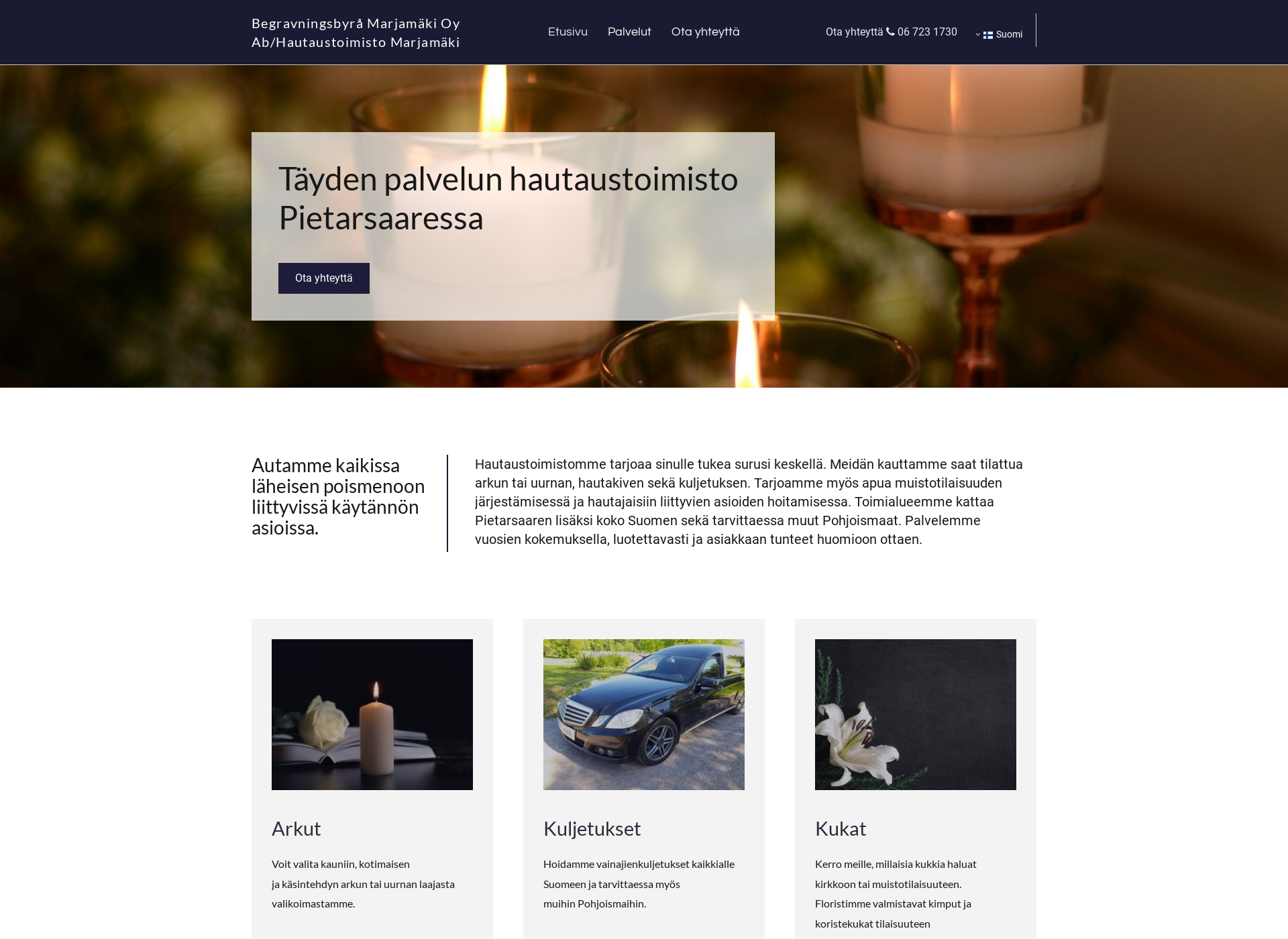 Skärmdump för begravningsbyramarjamaki.fi