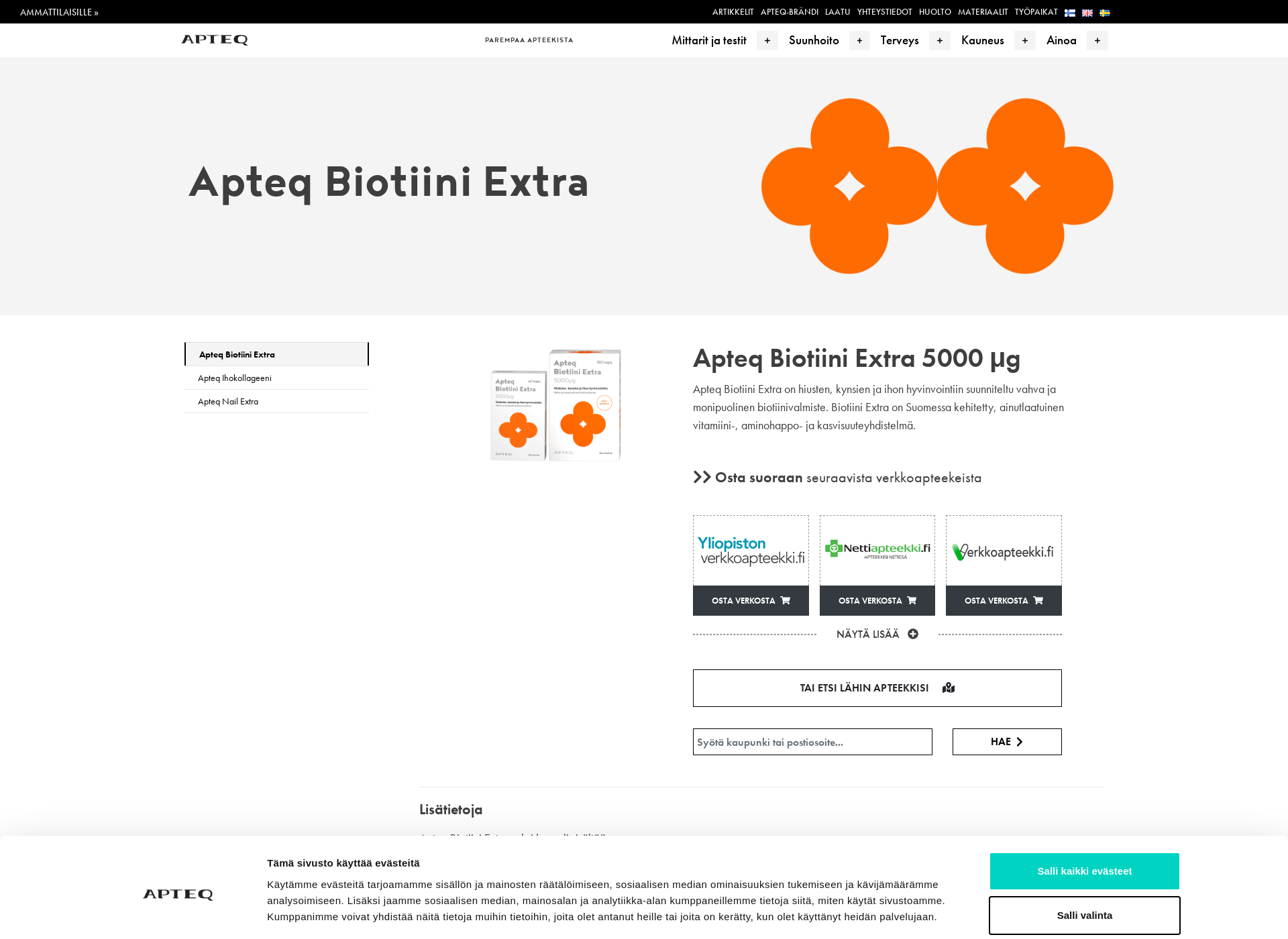Skärmdump för biotiini.fi