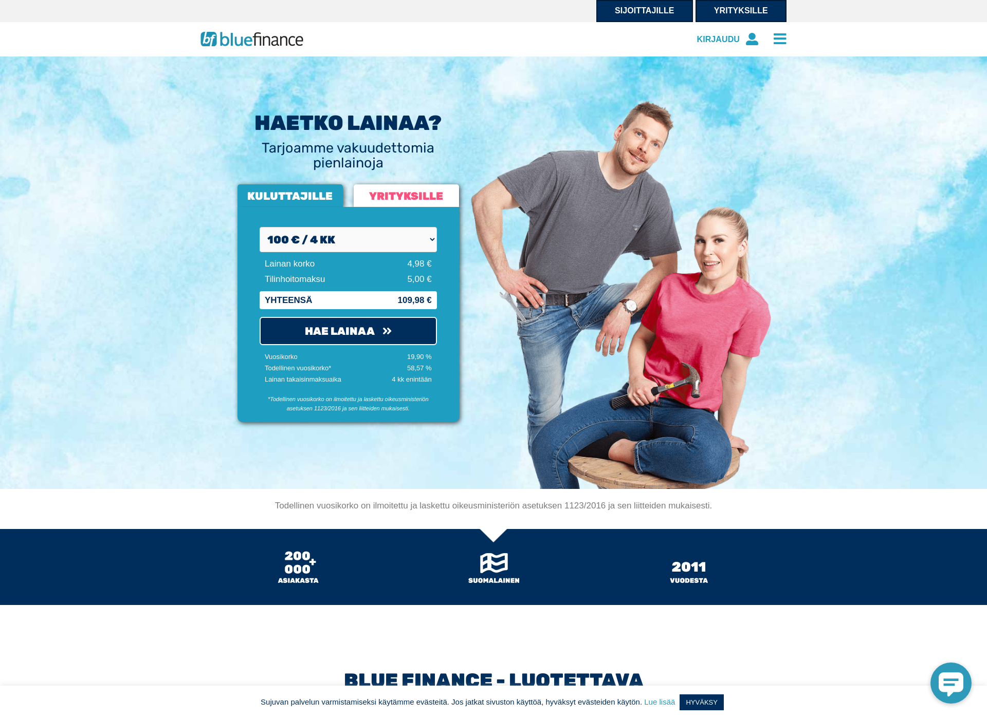 Skärmdump för bluefinance.fi