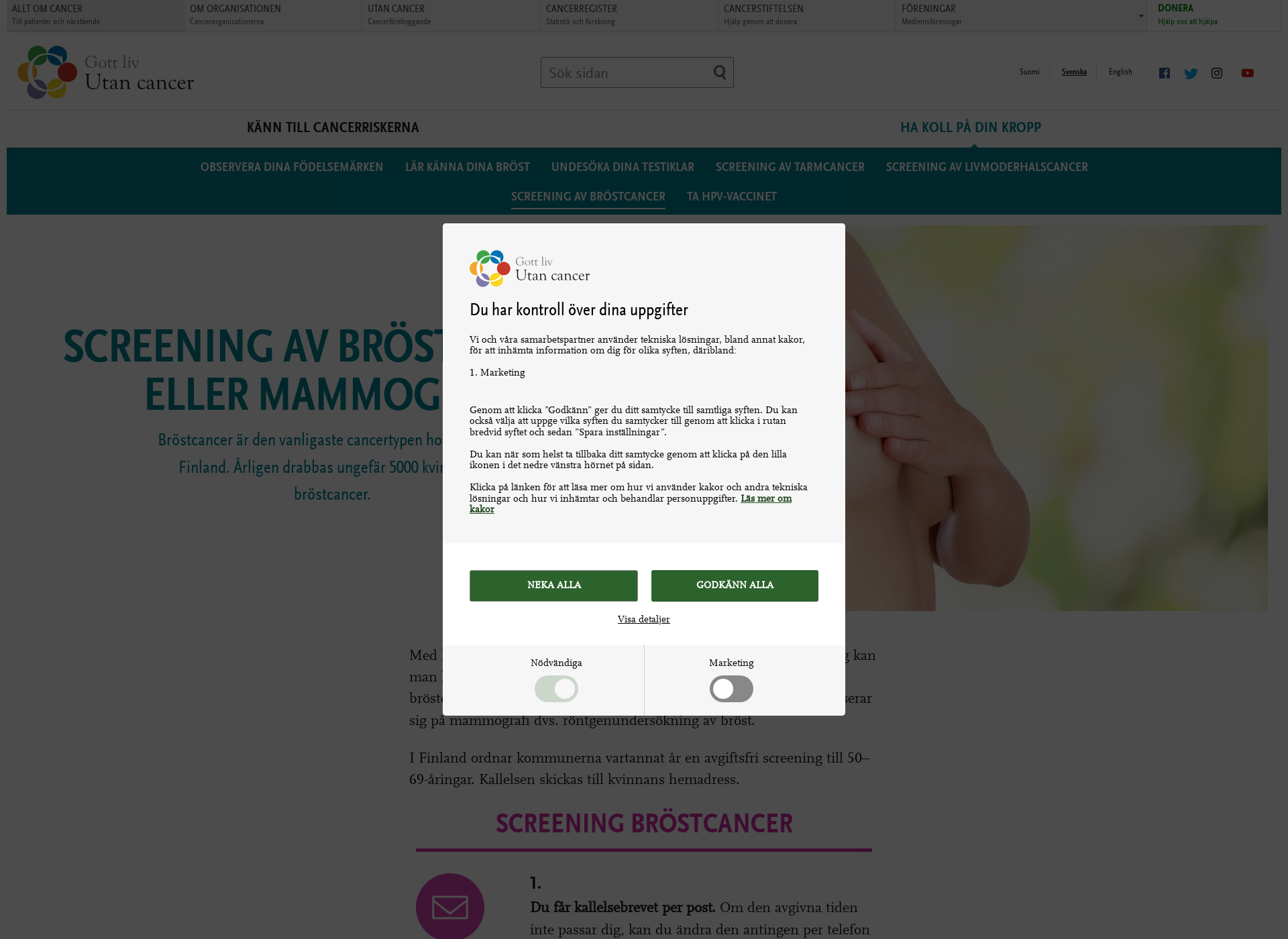 Skärmdump för bröstscreening.fi
