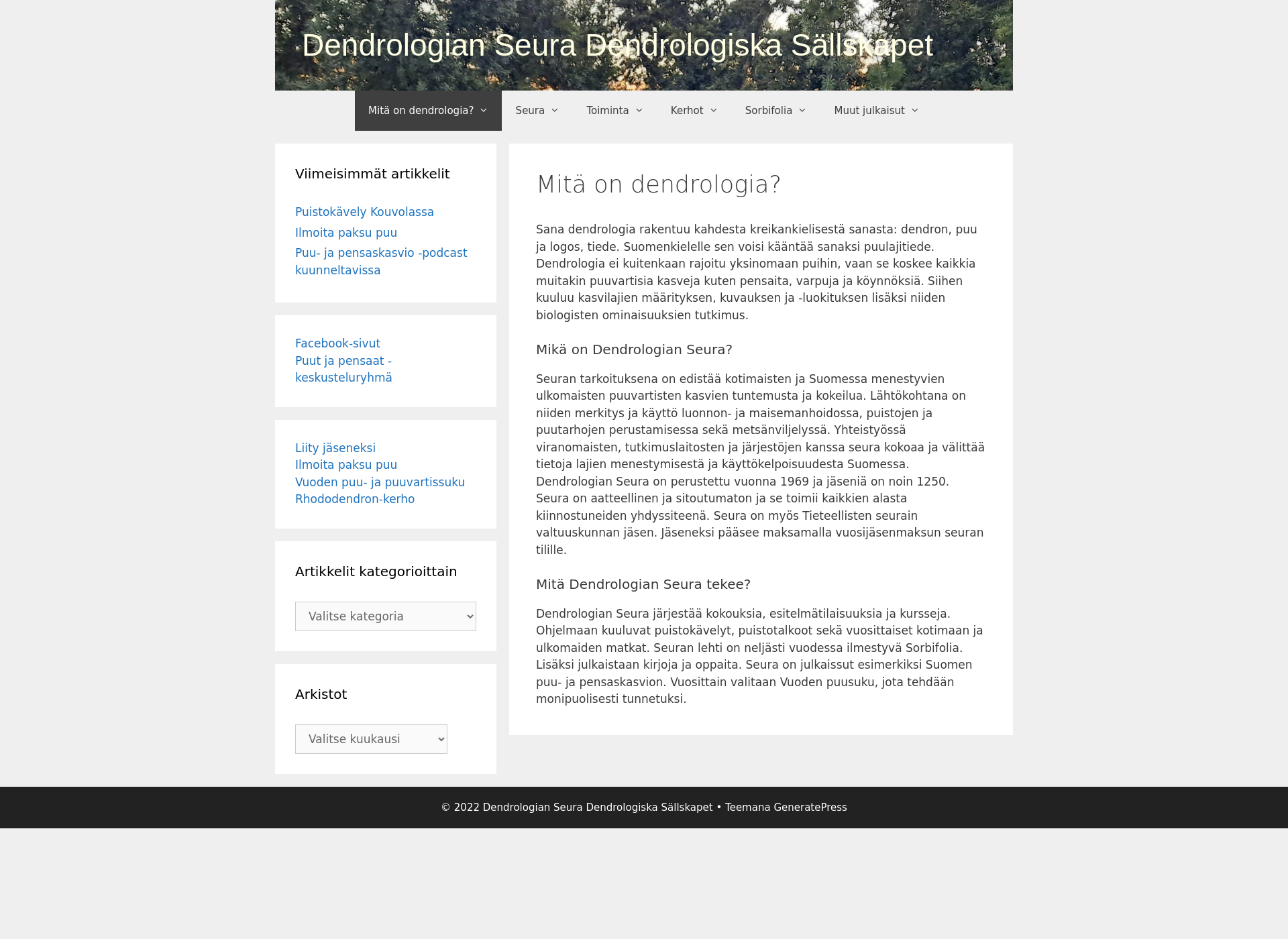 Skärmdump för dendrologianseura.fi