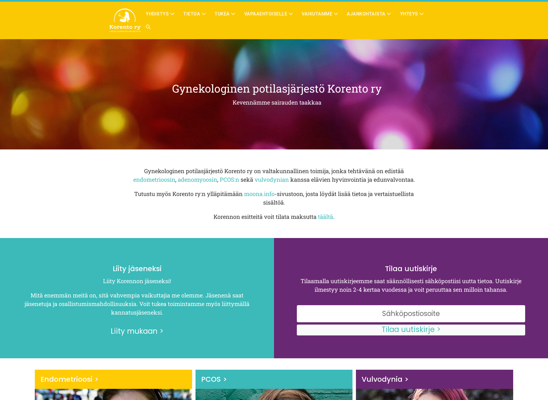 Skärmdump för endometrioosiyhdistys.fi