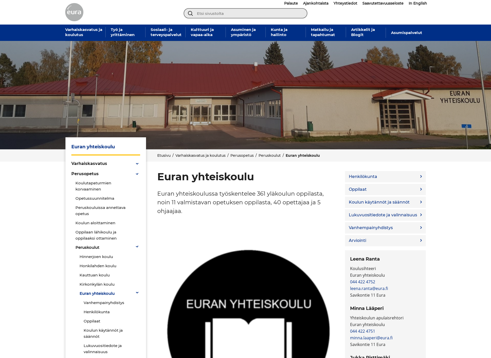 Skärmdump för euranyhteiskoulu.fi