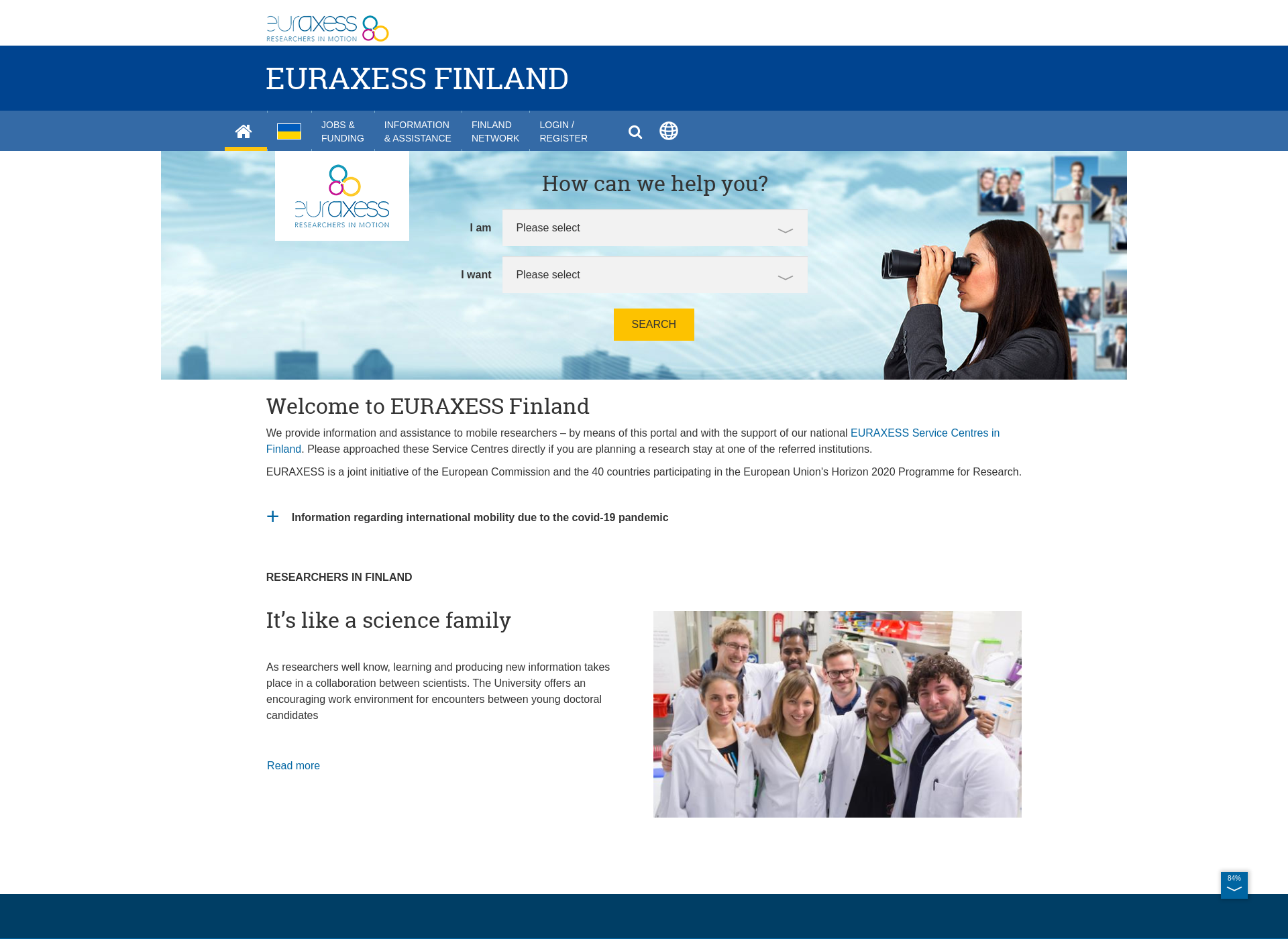 Skärmdump för euraxess.fi