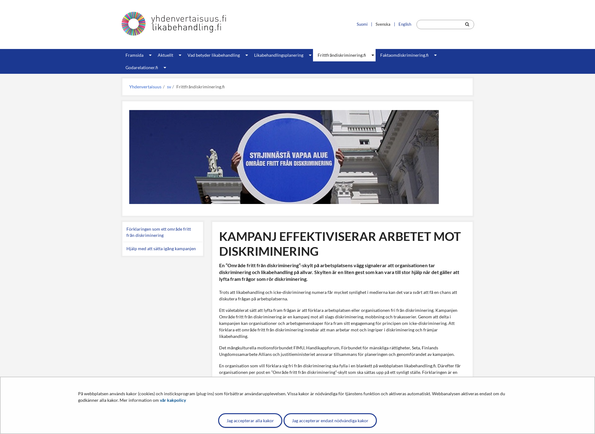 Skärmdump för frittfrandiskriminering.fi