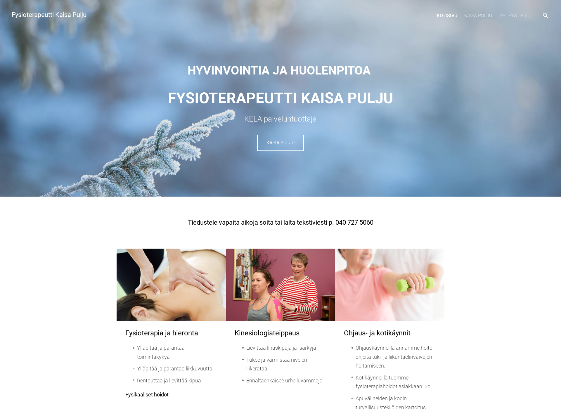 Skärmdump för fysioterapeuttikaisapulju.fi
