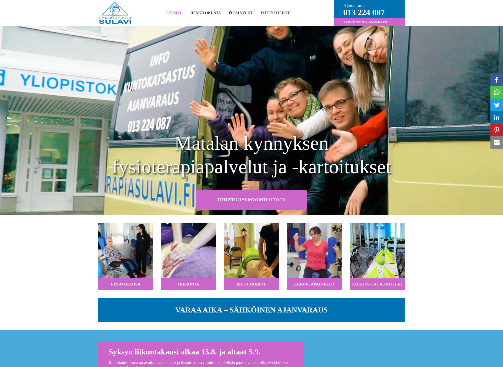 Skärmdump för fysioterapiasulavi.fi