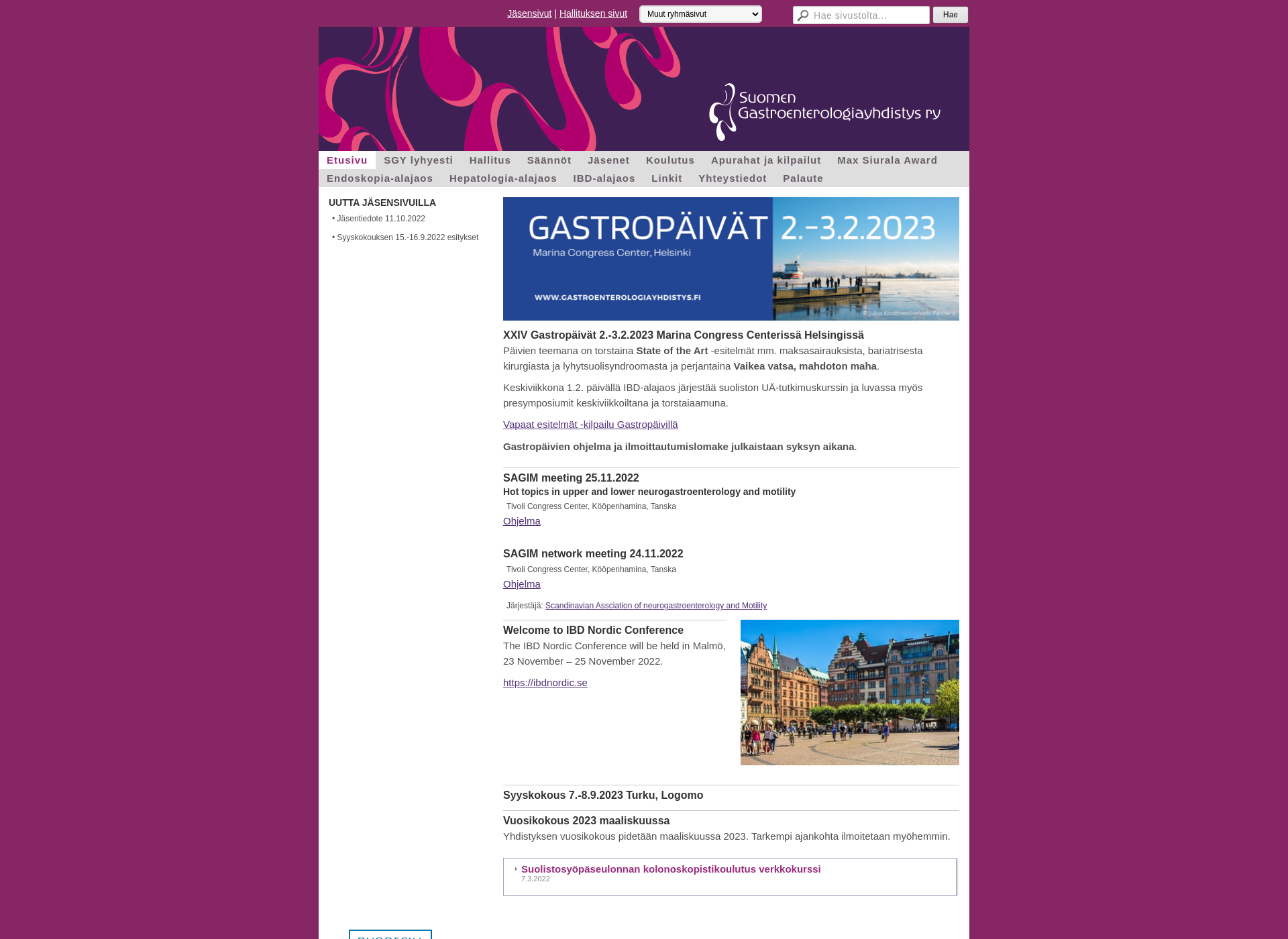 Skärmdump för gastroenterologiayhdistys.fi