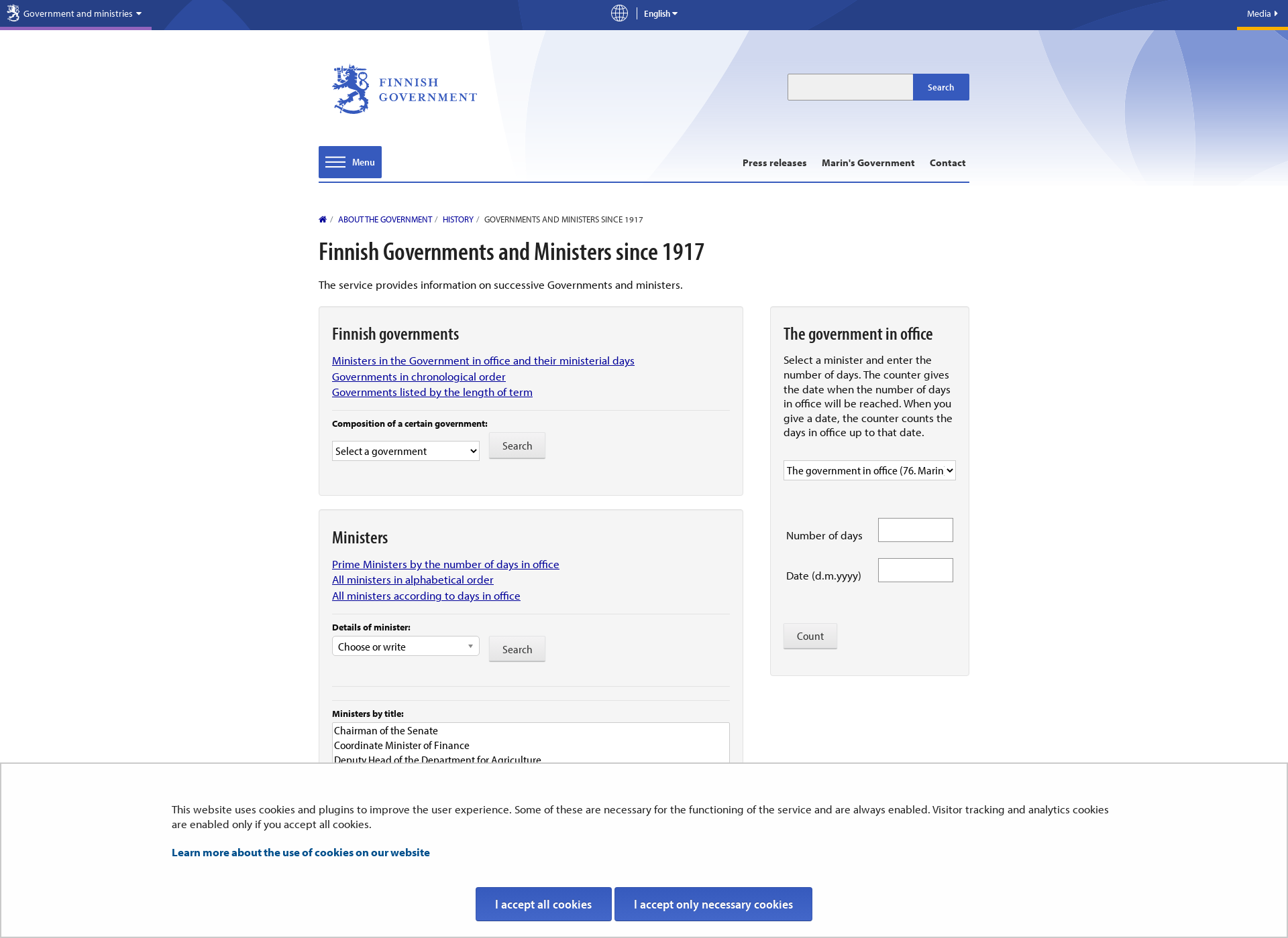 Skärmdump för governments.fi