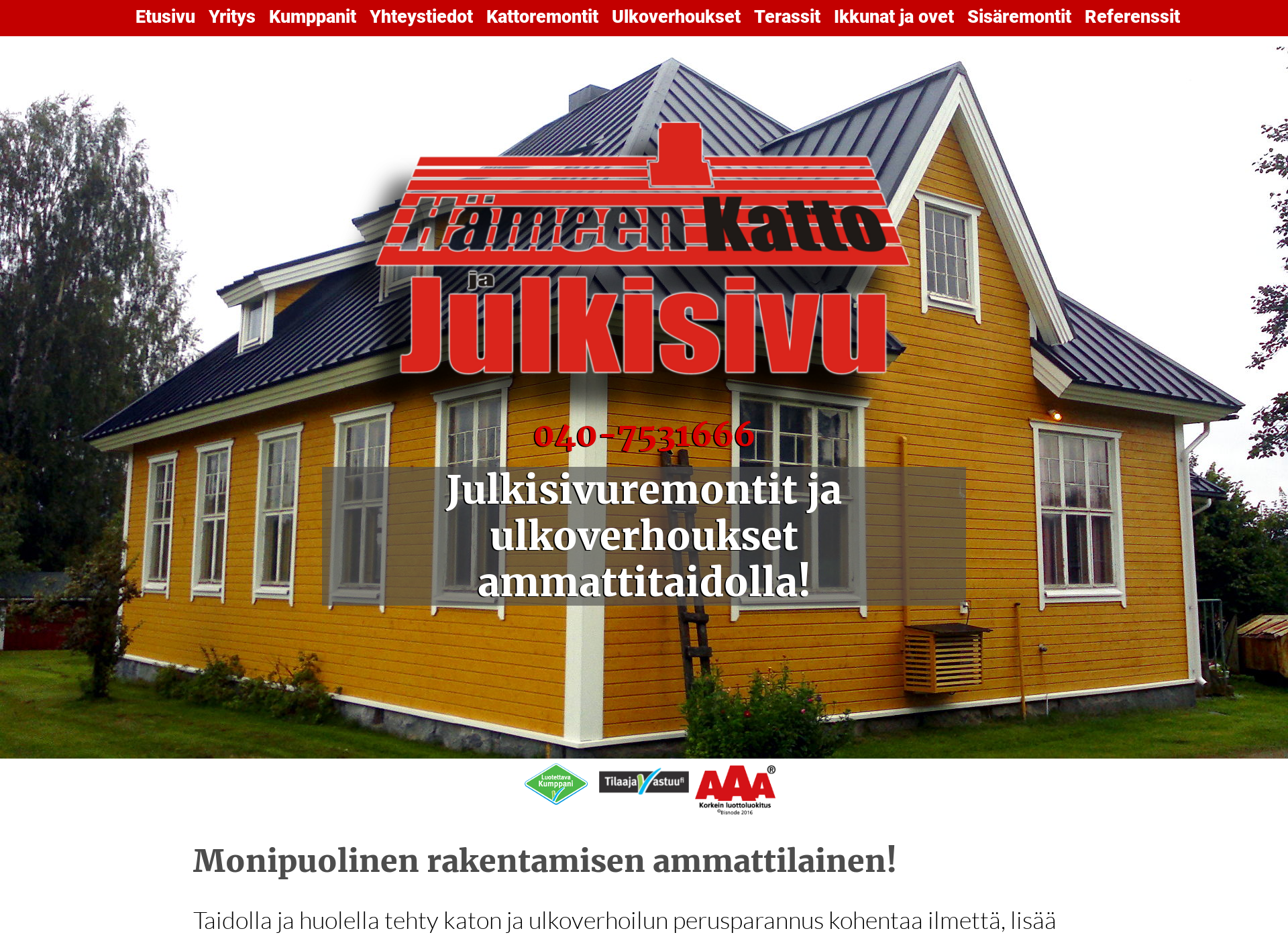 Skärmdump för hameenkattopalvelu.fi