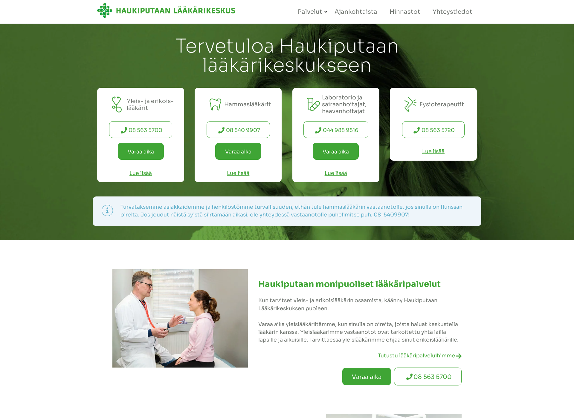 Skärmdump för haukiputaanlääkäriasema.fi