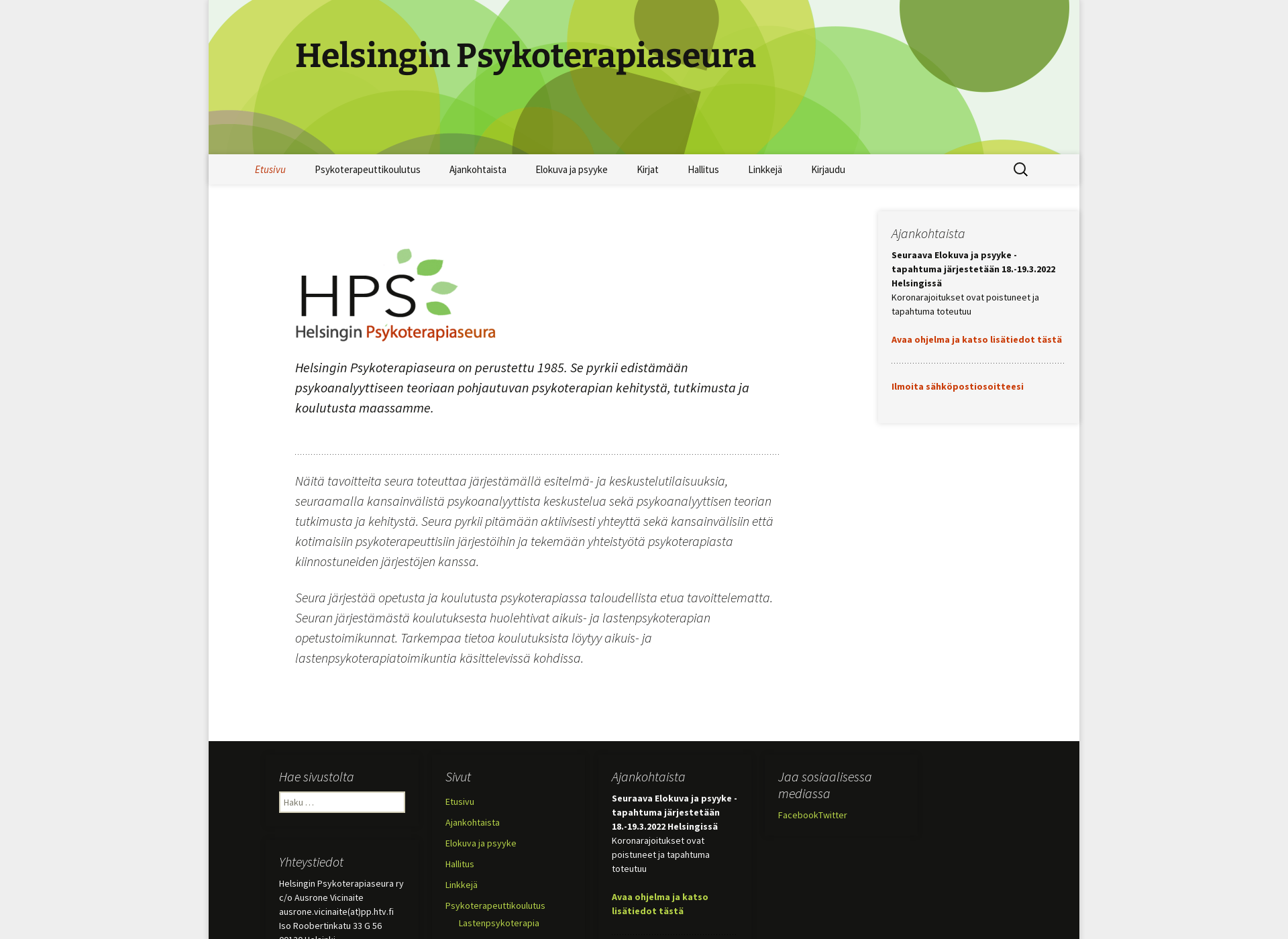Skärmdump för helsinginpsykoterapiaseura.fi