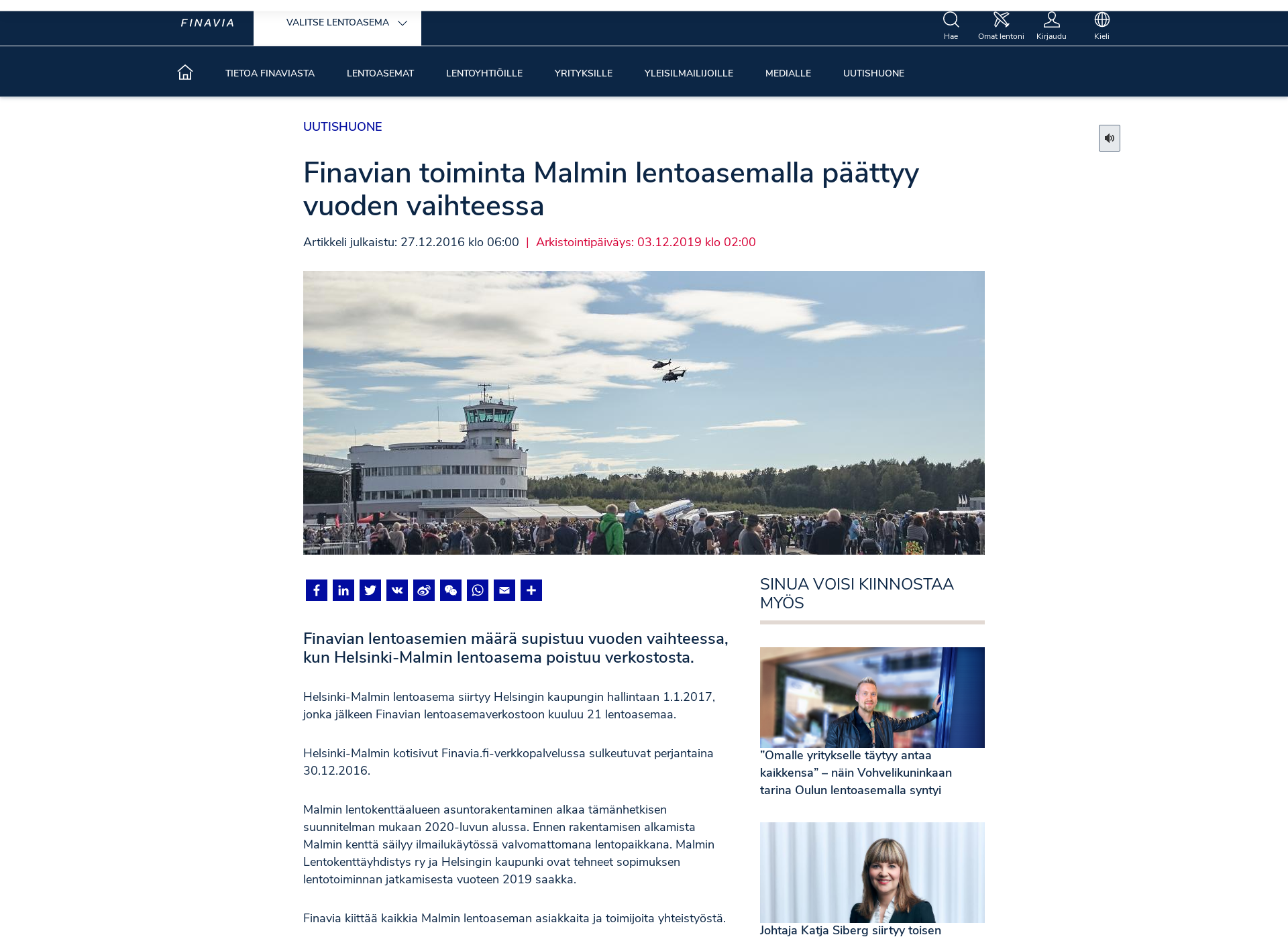 Skärmdump för helsinki-malminlentoasema.fi