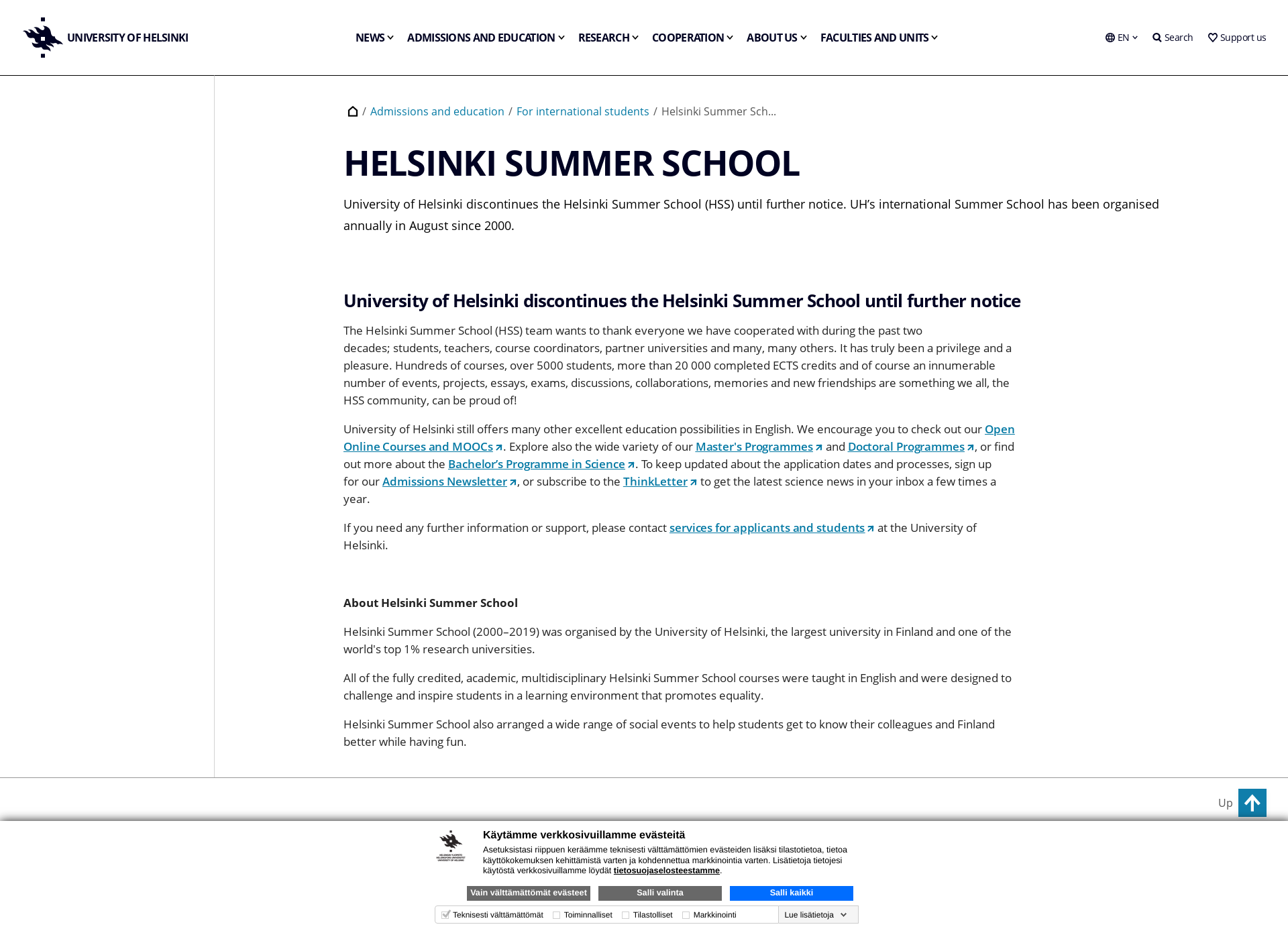 Skärmdump för helsinkisummerschool.fi