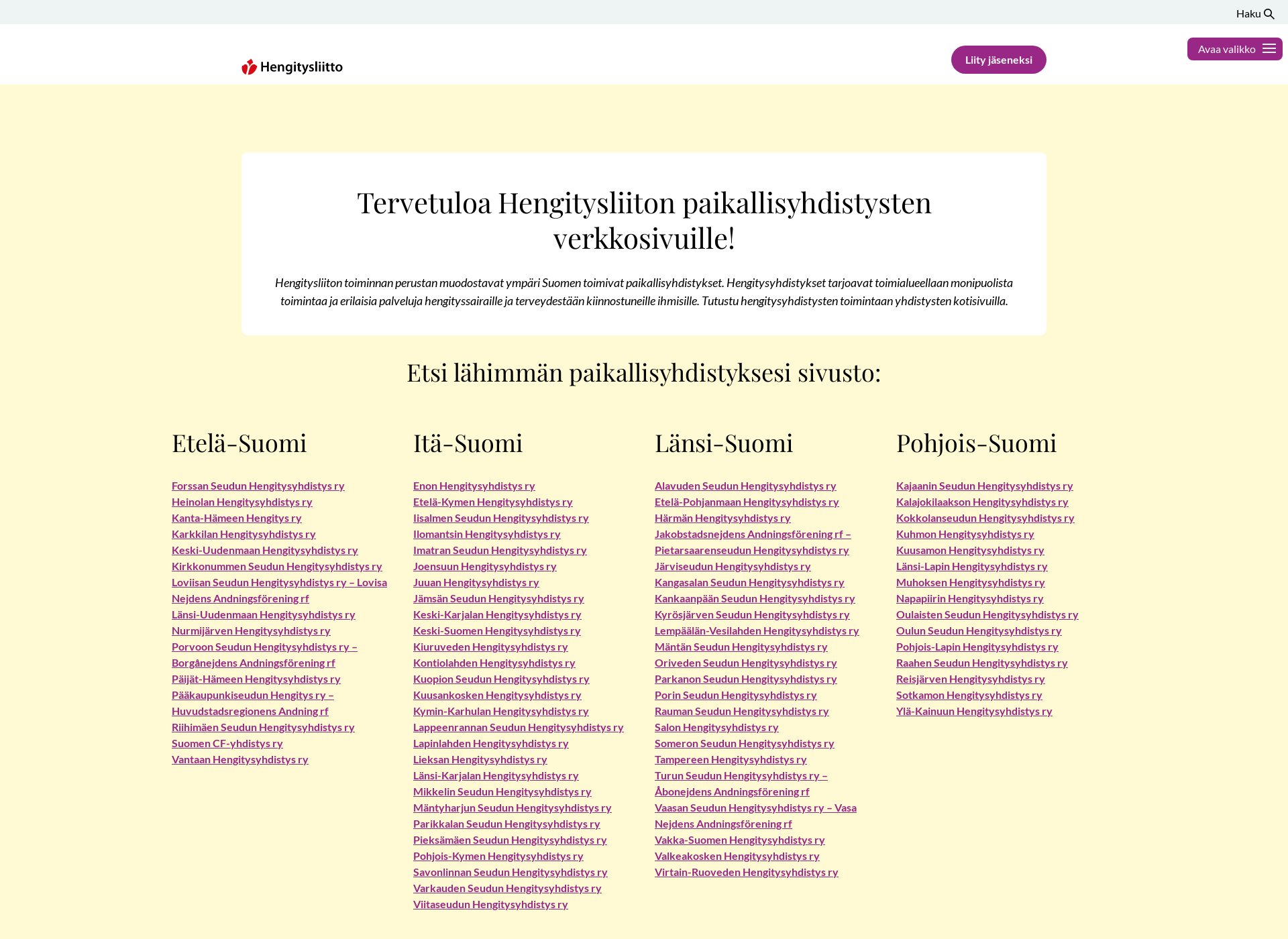 Skärmdump för hengitysyhdistys.fi