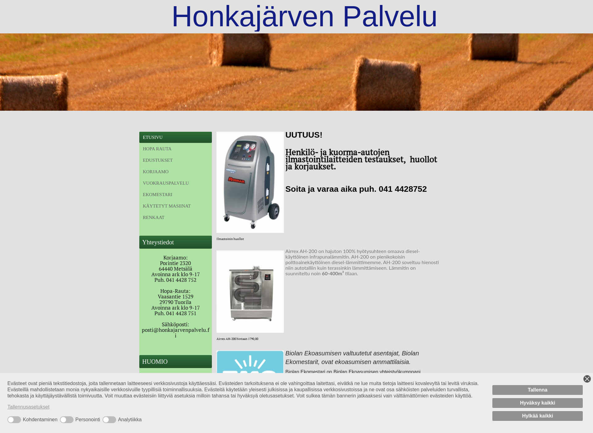 Skärmdump för honkajarvenpalvelu.fi