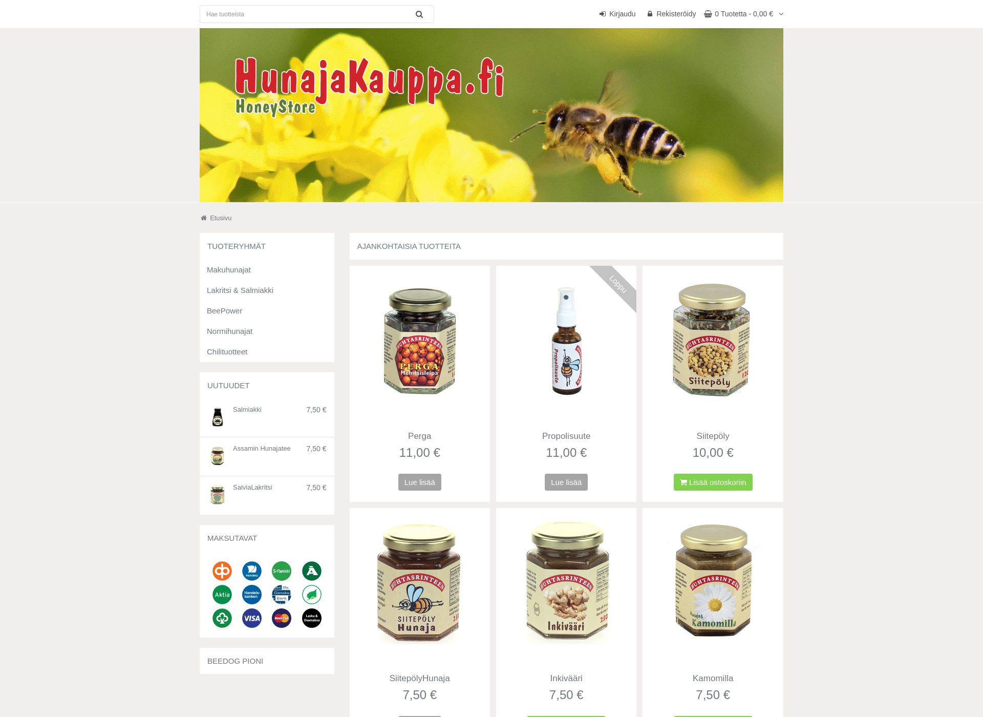 Skärmdump för hunajakauppa.fi