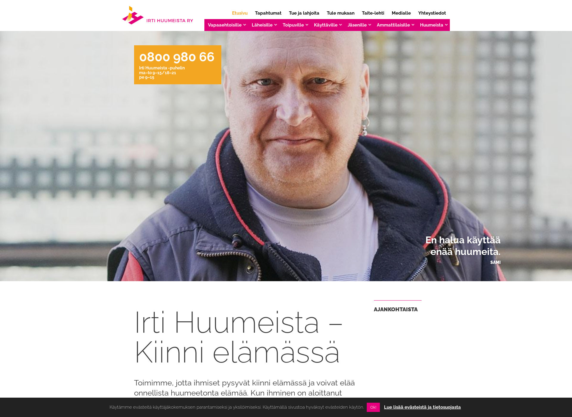 Skärmdump för irtihuumeista.fi