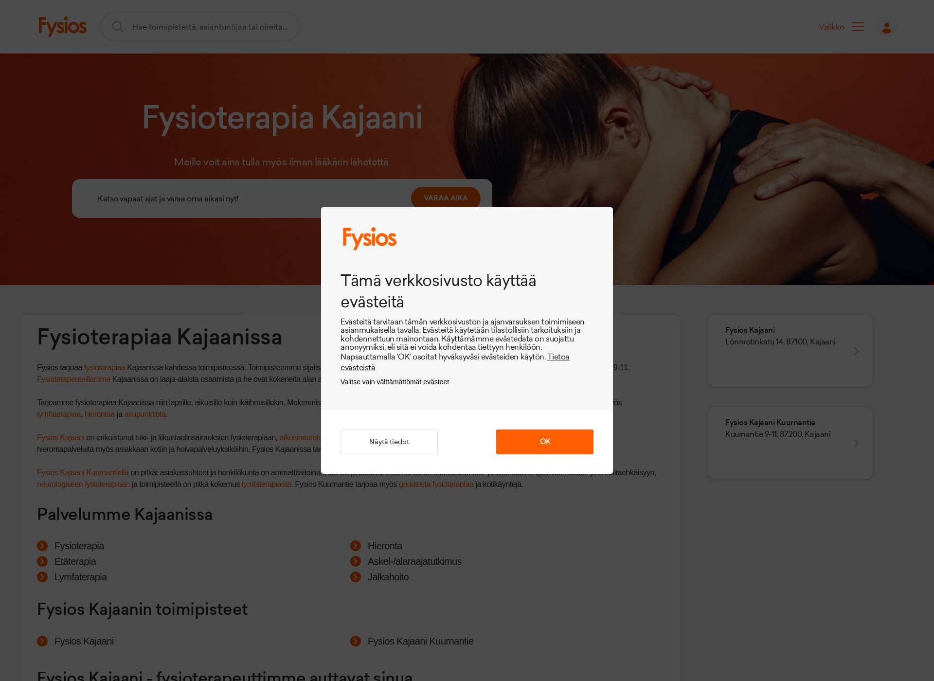 Skärmdump för kainuunfysioterapia.fi