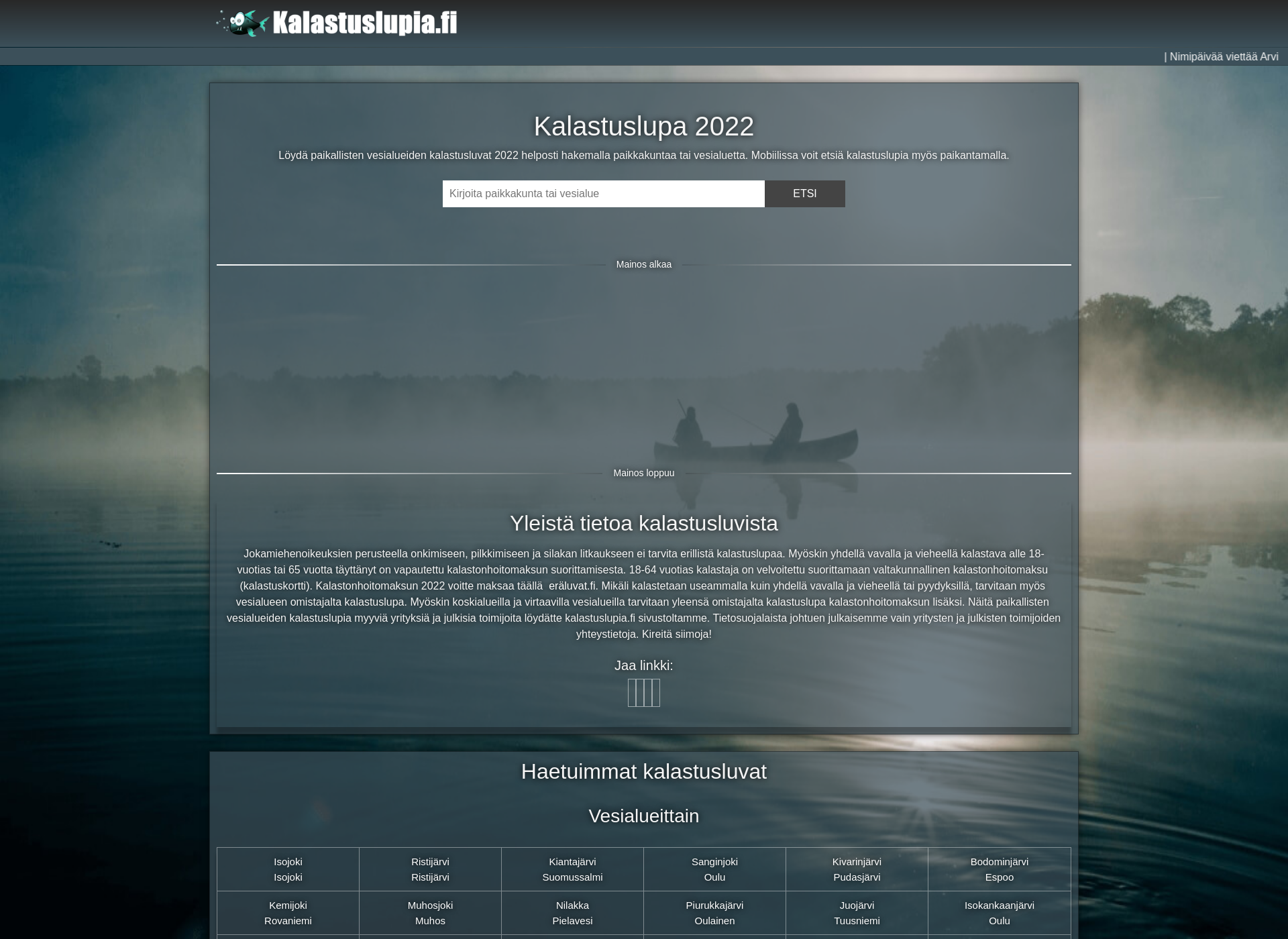 Skärmdump för kalastuslupia.fi