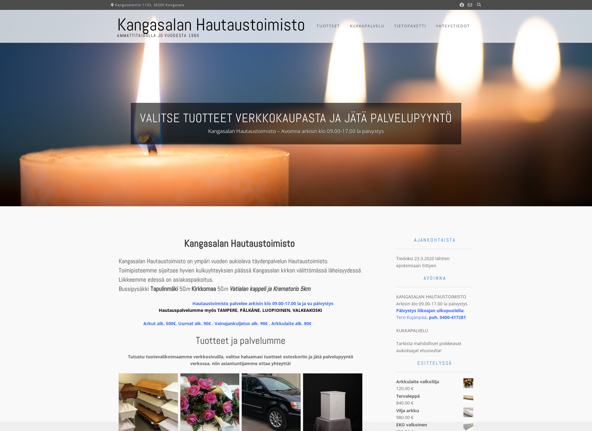 Skärmdump för kangasalanhautauspalvelu.fi